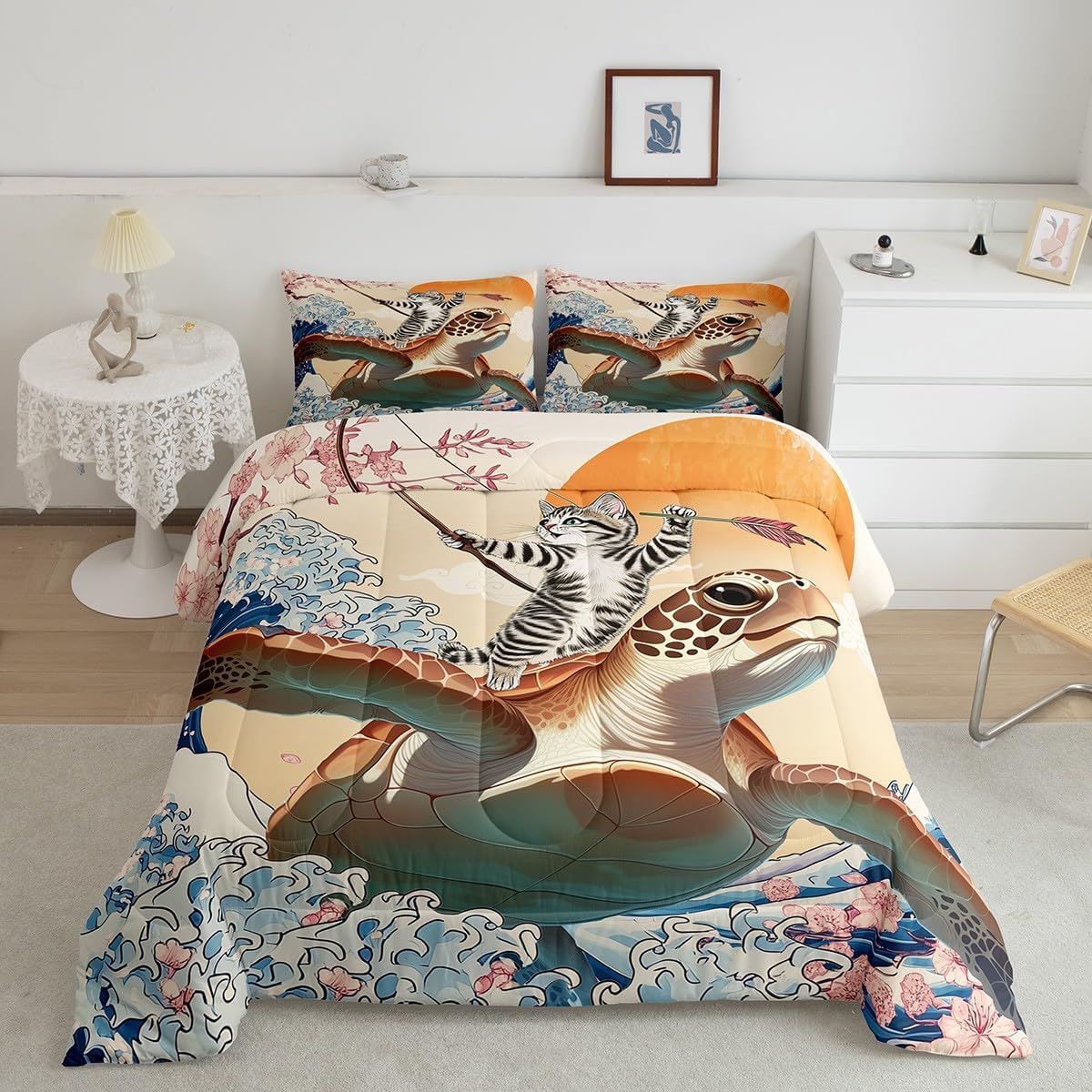 Funny Queen Comforter Set 7 Pieces for Kids Boys Girls Cat Riding Sea Turtle Bedding Comforter Sets, Japanese Cherry Blossoms Bed in a Bag Ocean Animal Wildlife Bedding Set, Sea Wave Bed Sheets Set