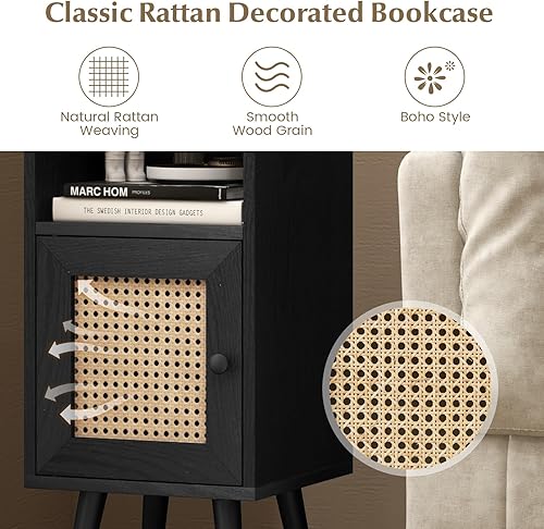 Miniatura 9 de LOKO Armario de almacenamiento delgado y alto, estantería bohemia con puerta de ratán, estante ajustable de 12 posiciones y patas de madera maciza,