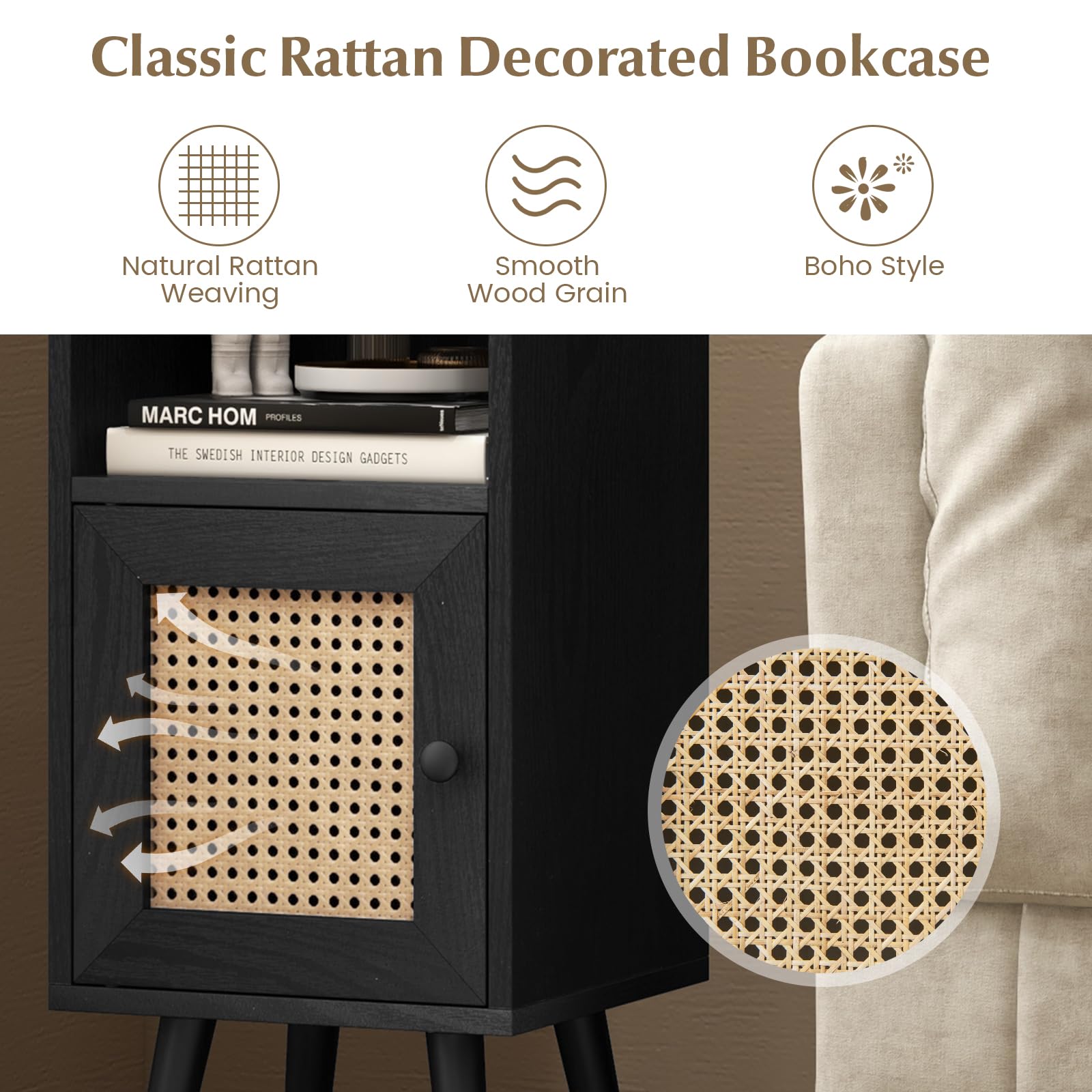 GIANTEX Armoire Autoportante avec Porte en Rotin, Meuble Colonne de Rangement avec Étagère Réglable, Bibliothèque sur Pied avec Dispositif Anti-basculement, pour Salon, Salle d’Étude (Noir)