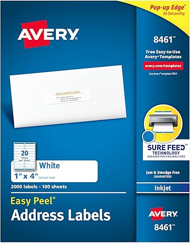 Avery Etiquetas de dirección imprimibles fáciles de despegar con alimentación segura, 1 x 4 pulgadas, blancas, 2,000 etiquetas de correo en blanco