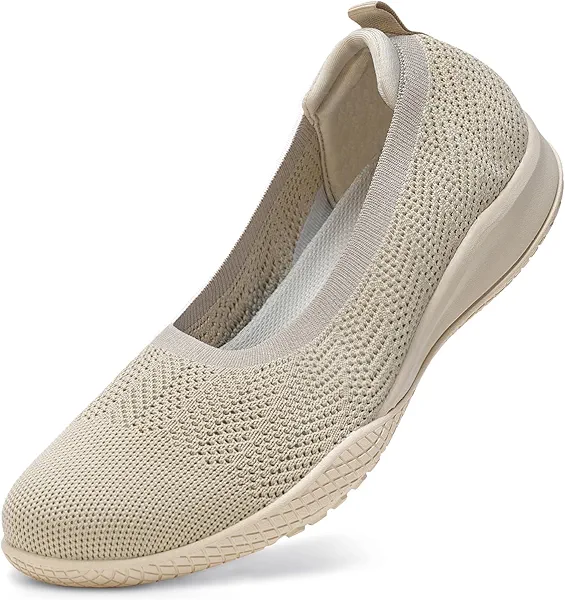 LEDINEY Women's Flats Slip On Go Walk Shoes for Women Comfortable Walking Sneakers Knit Low Wedge Dressy Ballet Shoes Zapatos para Mujer Beige Size 10