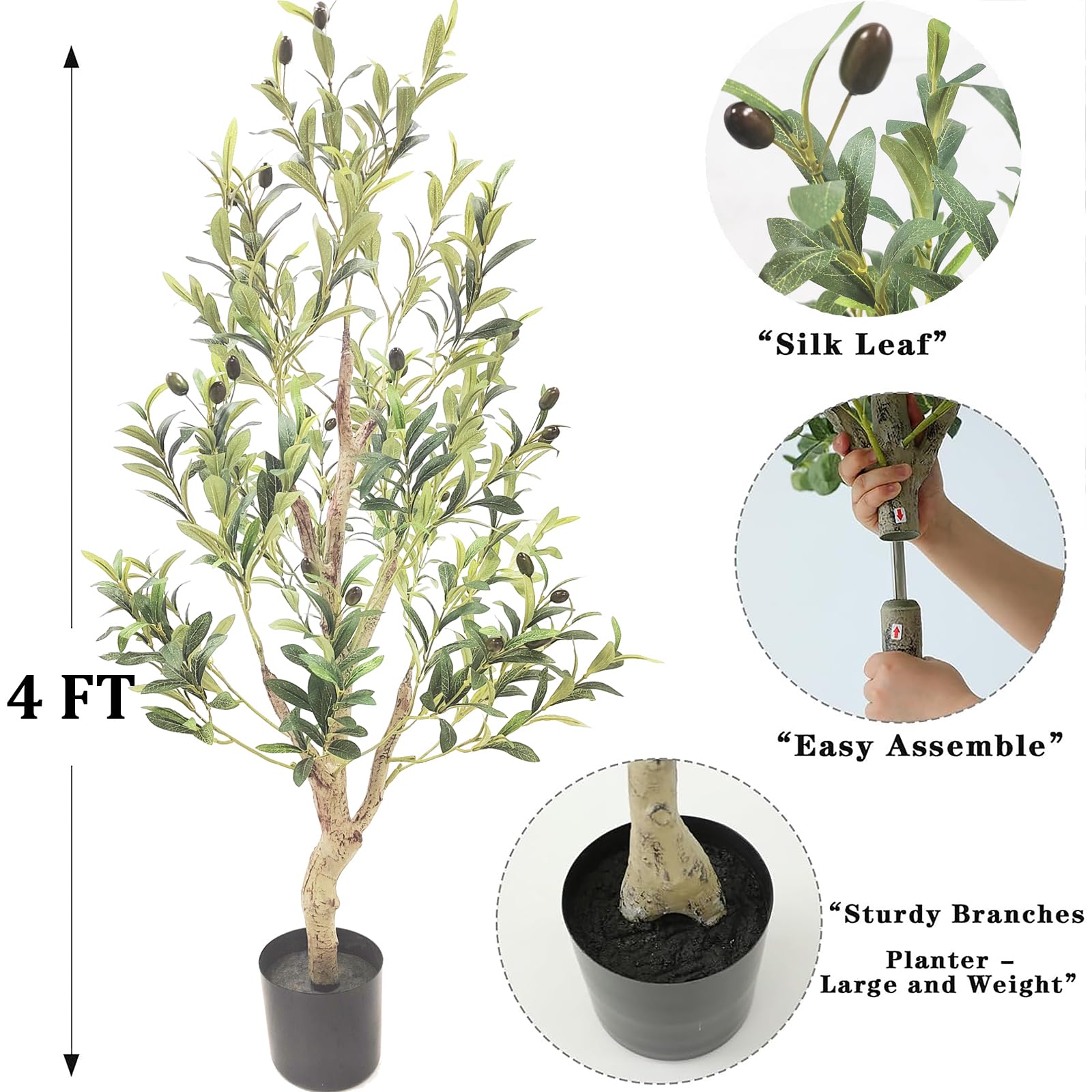 Artificial Olive Tree Faux Silk Plant - 4ft for Home Office Decor Indoor Fake Potted Tree with Natural Wood Trunk and Lifelike Fruits Housewarming