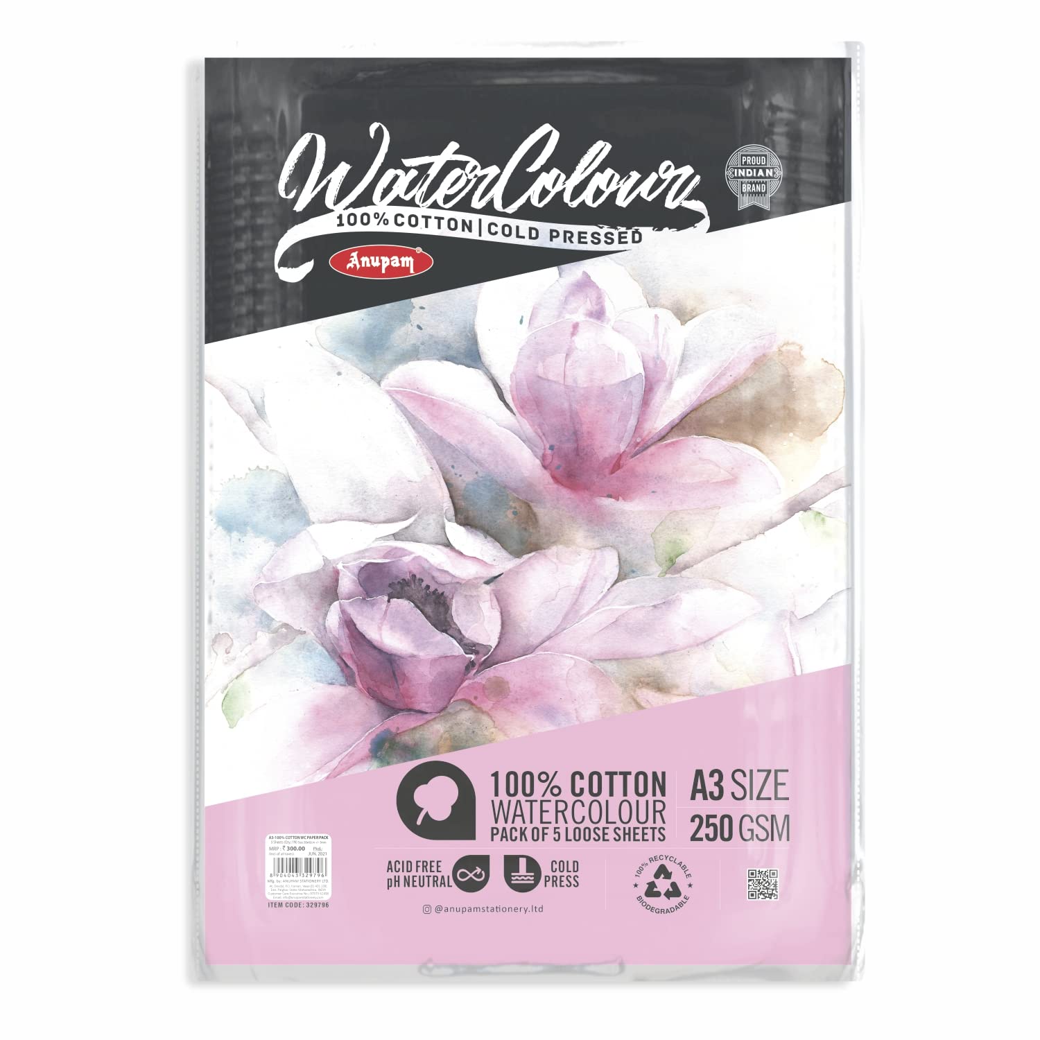 Anupam 100% Cotton Watercolour Paper Loose Sheets - Natural White - Cold Press Paper - 250 GSM - 5 Sheets - A3 (B0BT7VZKJX) Amazon Price History, Amazon Price Tracker