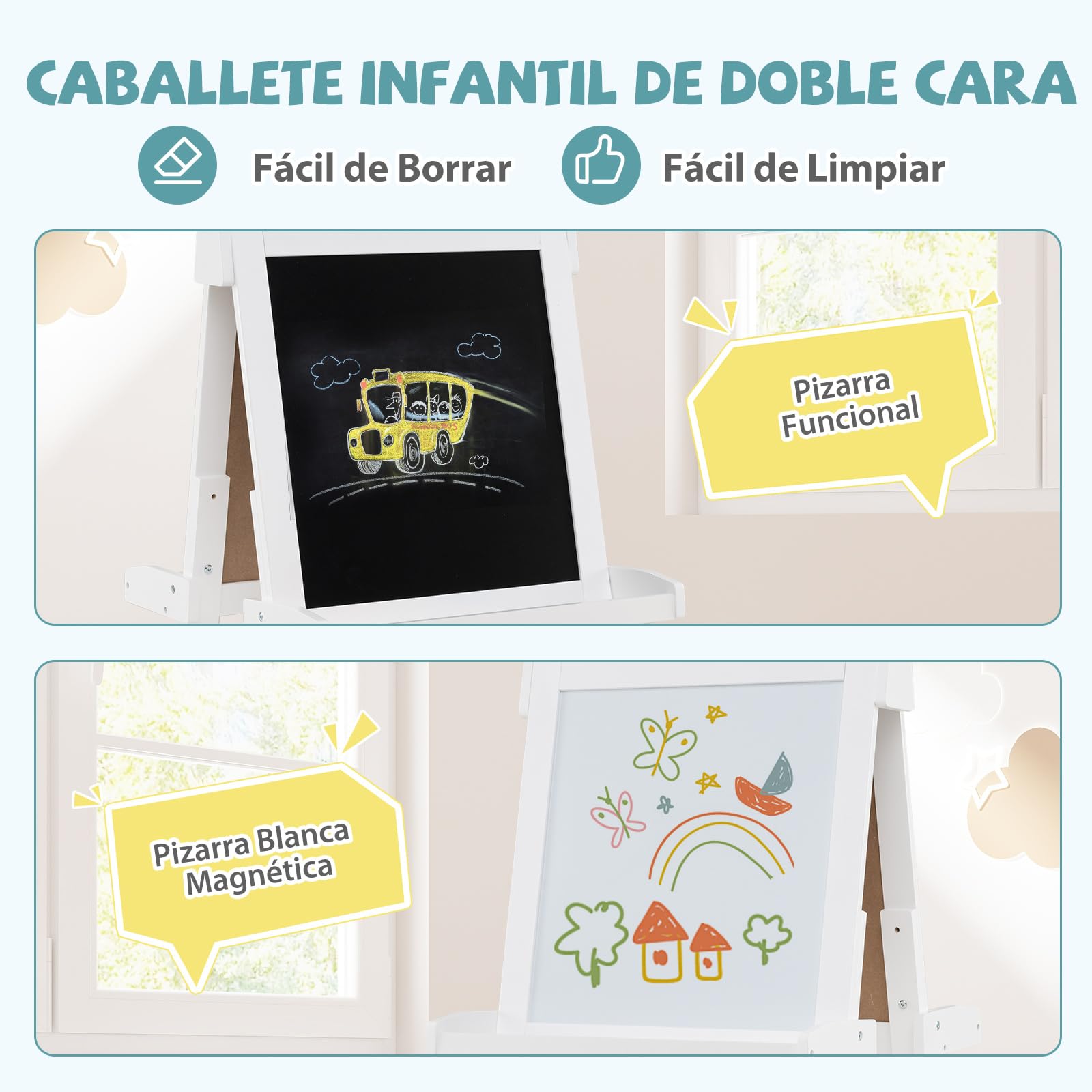 COSTWAY Caballete Plegable para Niños 3 en 1, Pizarra Infantil de Doble Cara, Pizarra Blanca y Magnética, 3 Alturas Ajustables, Rollo de Papel Reemplazable, 3 Vasos, Bandejas (Blanco)