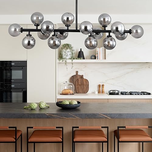 Lámpara de araña moderna Sputnik Earth de cristal, accesorio negro de estilo de mediados de siglo de 39 pulgadas, lámpara de techo semiempotrada,