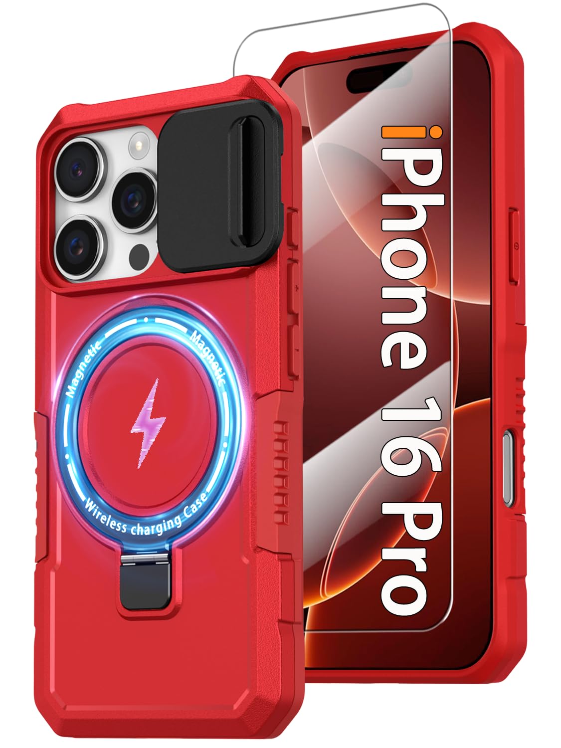 Case for iPhone 16 Pro, with Magnetic Ring Stand [Glass Screen Protector] [Compatible with MagSafe] Military Grade Case with Camera Cover, Heavy Duty