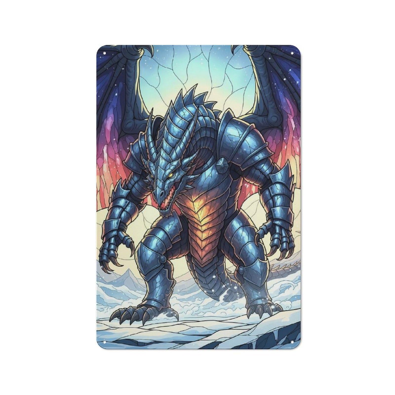 Junmoney Armored Dragon In Snowy Landscape Metal Plaque With Design 30X20cm, Retro Kitchen Wall Decor For Bakery, Diner, Cafe Or Family Room