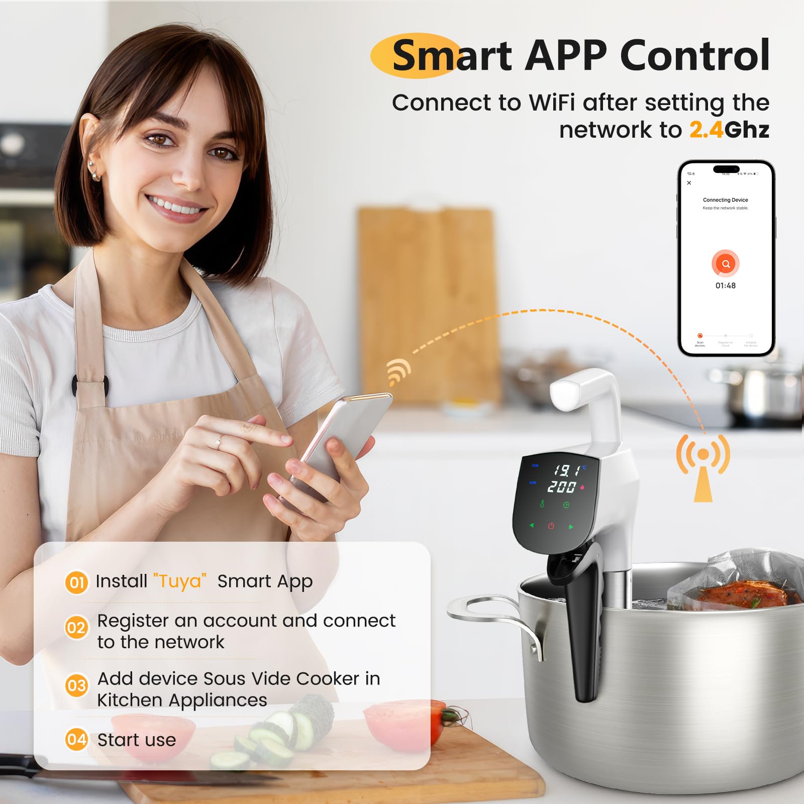 Thermoplongeur WLAN Cuiseur Sous Vide,thermoplongeur Sous Vide,Cuisson Basse Température,Contrôle Précis de la Température,Cuisson De Réservation App
