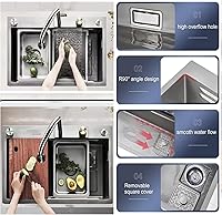 Vista 6 de Fregadero de cocina empotrado o empotrado, color negro, de acero inoxidable 304, Nano Raindance, con lavaplatos y grifo extraíble, fregaderos