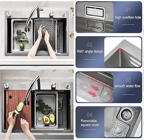 Miniatura 6 de Fregadero de cocina empotrado o empotrado, color negro, de acero inoxidable 304, Nano Raindance, con lavaplatos y grifo extraíble, fregaderos de