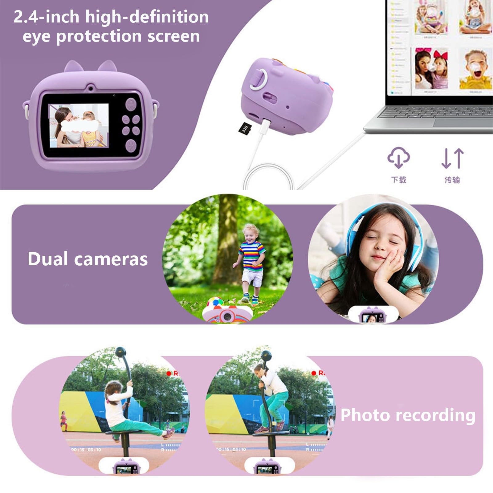 Appareil photo numérique 1080p à deux objectifs pour enfants avec impression thermique et écran de protection des yeux