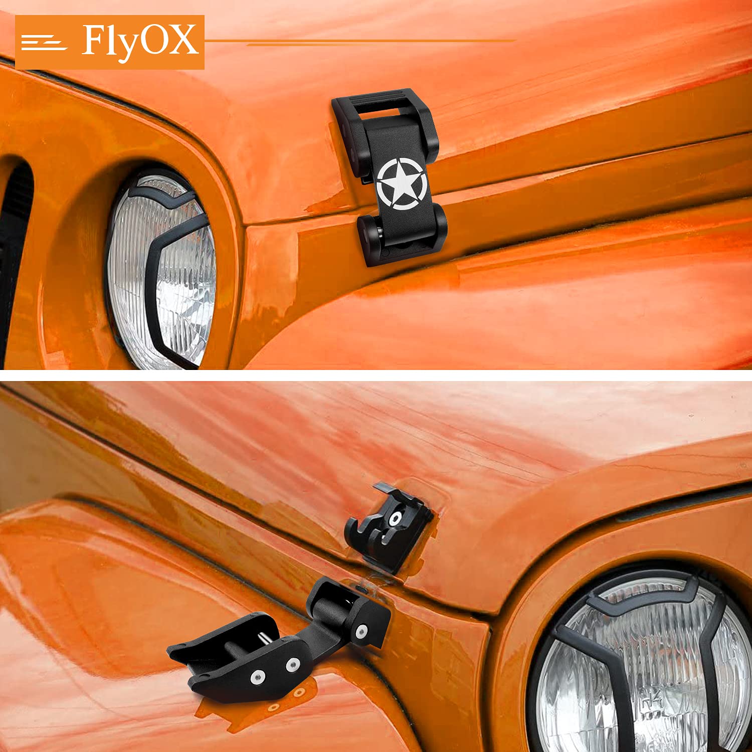 FlyOX Hood Latches Catch Kit Aluminum Alloy Hood Locks for 2007-2018 Jeep Wrangler JK JKU & 2018-2020 Jeep Wrangler JL JLU and Jeep Gladiator JT, Jeep Wrangler Accessories Parts (Black)