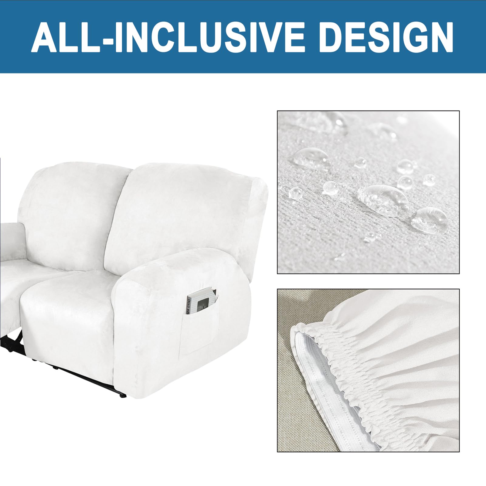 Copripoltrona Impermeabile con Tasca per Poltrona Relax Reclinabile | Fodera Elasticizzata in Velluto Lavabile | Antiscivolo | per Modello Elettrico (Bianco,2 Posto)