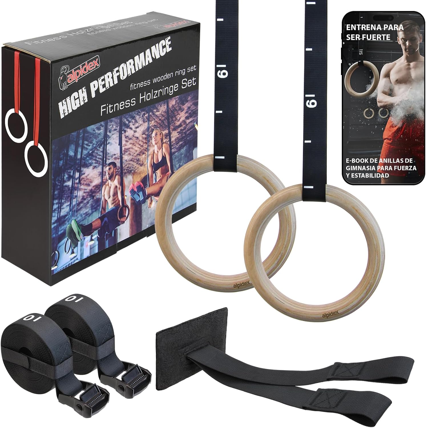 ALPIDEX Anillas de Gimnasia de Madera – Aros para Ejercicio con Anclaje de Puerta y Correas con Marcas de Longitud | con e-Book