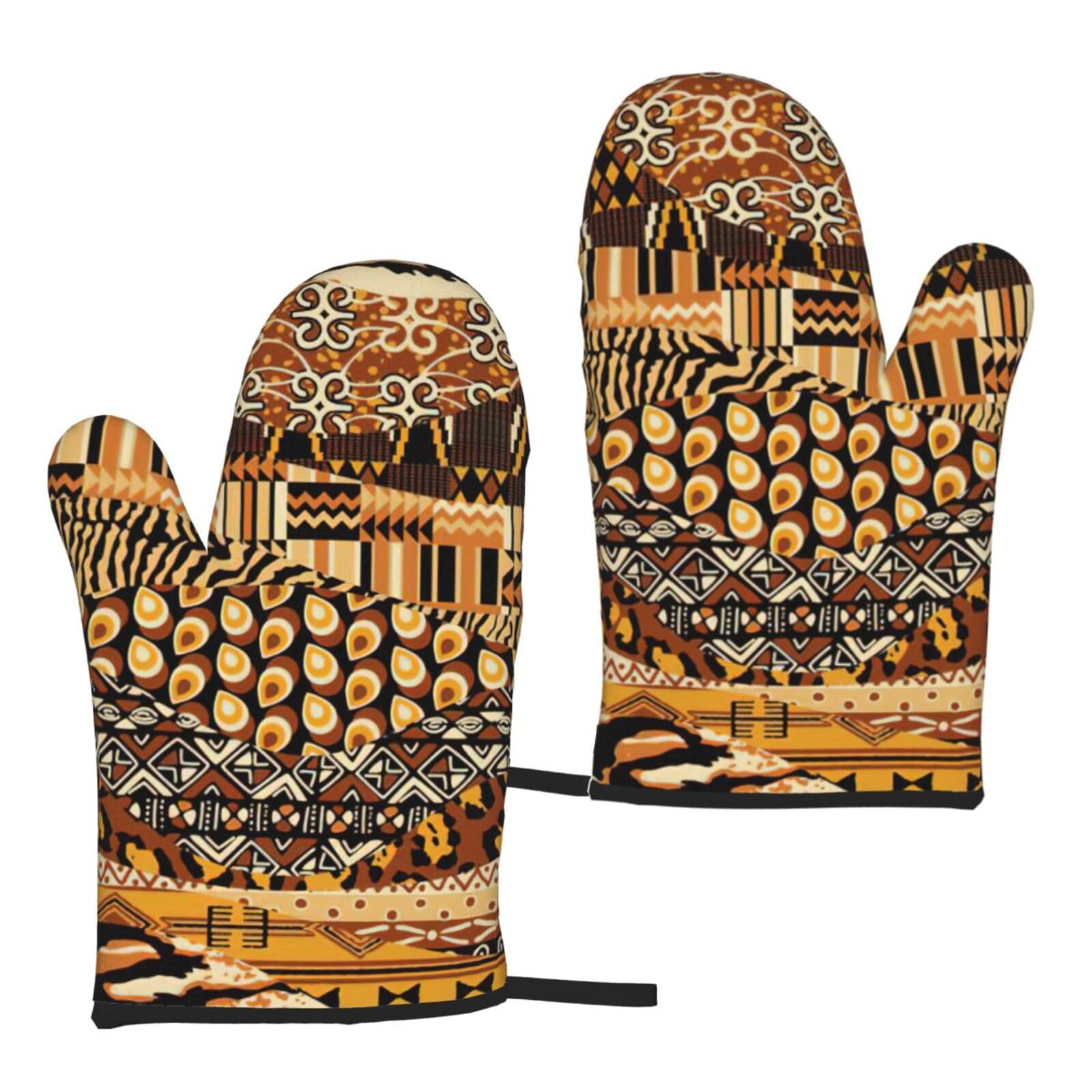 Nimongt Women's Black African Style Patchwork Print Adults Universal Fit Heat Resistant Oven Gloves Reusable Cooking Outdoor Grilling