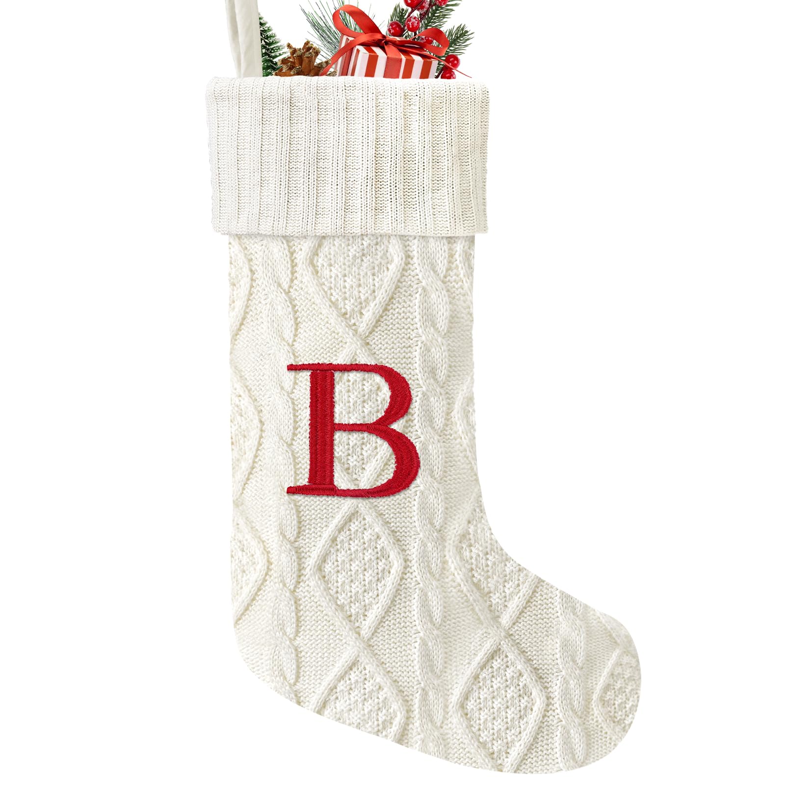 21 Inches Knitted Christmas Stockings with Initials, Large White Custom Monogram Embroidery Christmas Stockings with Letter, Personalized Xmas Decoration for Holiday Family Party-B