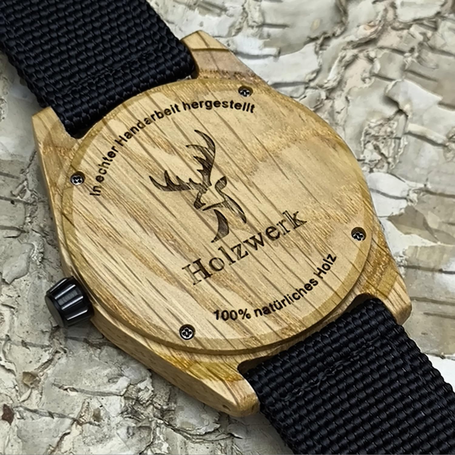 Handgefertigte Holzwerk Designer Damen Herren Uhr Öko Natur Holz Armband Analog Klassisch Quarz in Schwarz Braun Weiß Datum mit Textil Nylon Armband