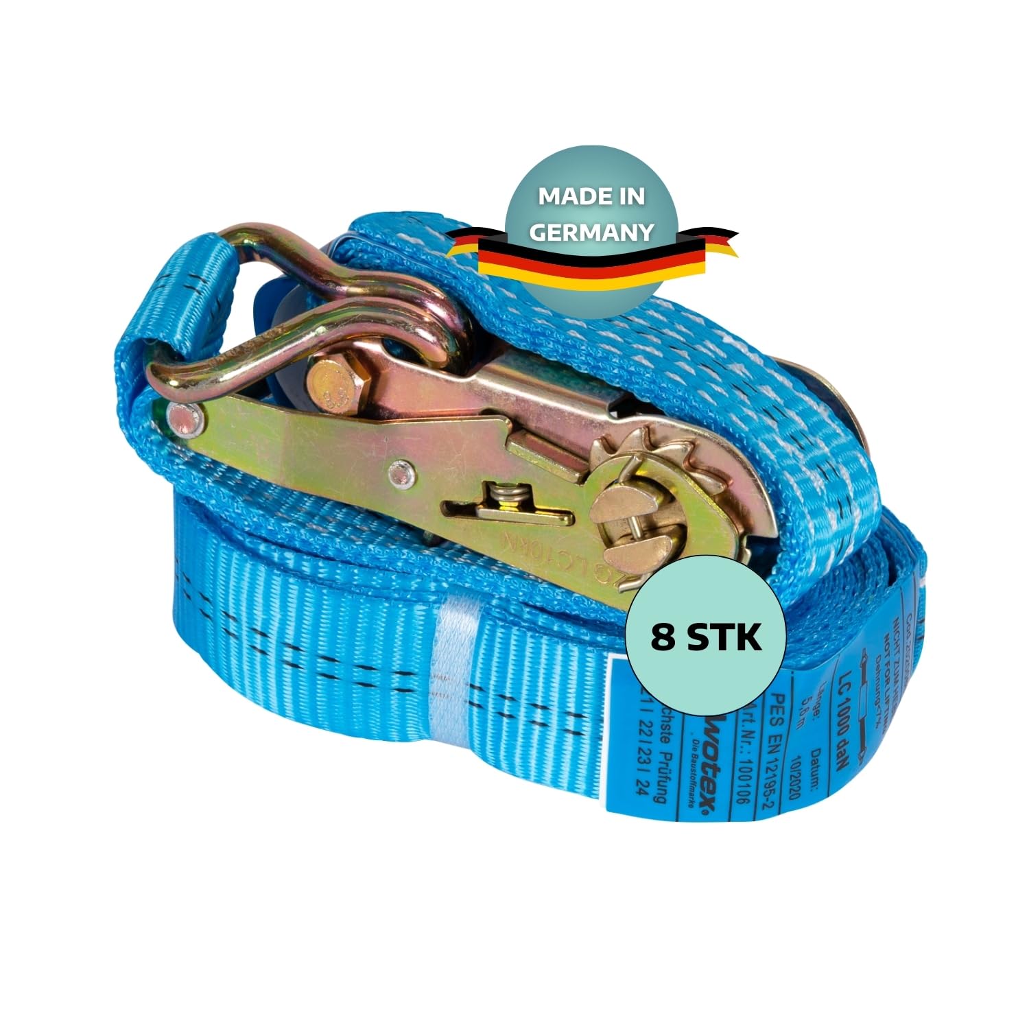 8 x Zurrgurt 2-teilig mit Ratsche 6 m & Spitzhaken I Zurrgurte mit Ratsche I Gurte zum Befestigen I Blauer Spanngurt mit Sicherheitsetikett I Zurrgurte mit Spitzhaken