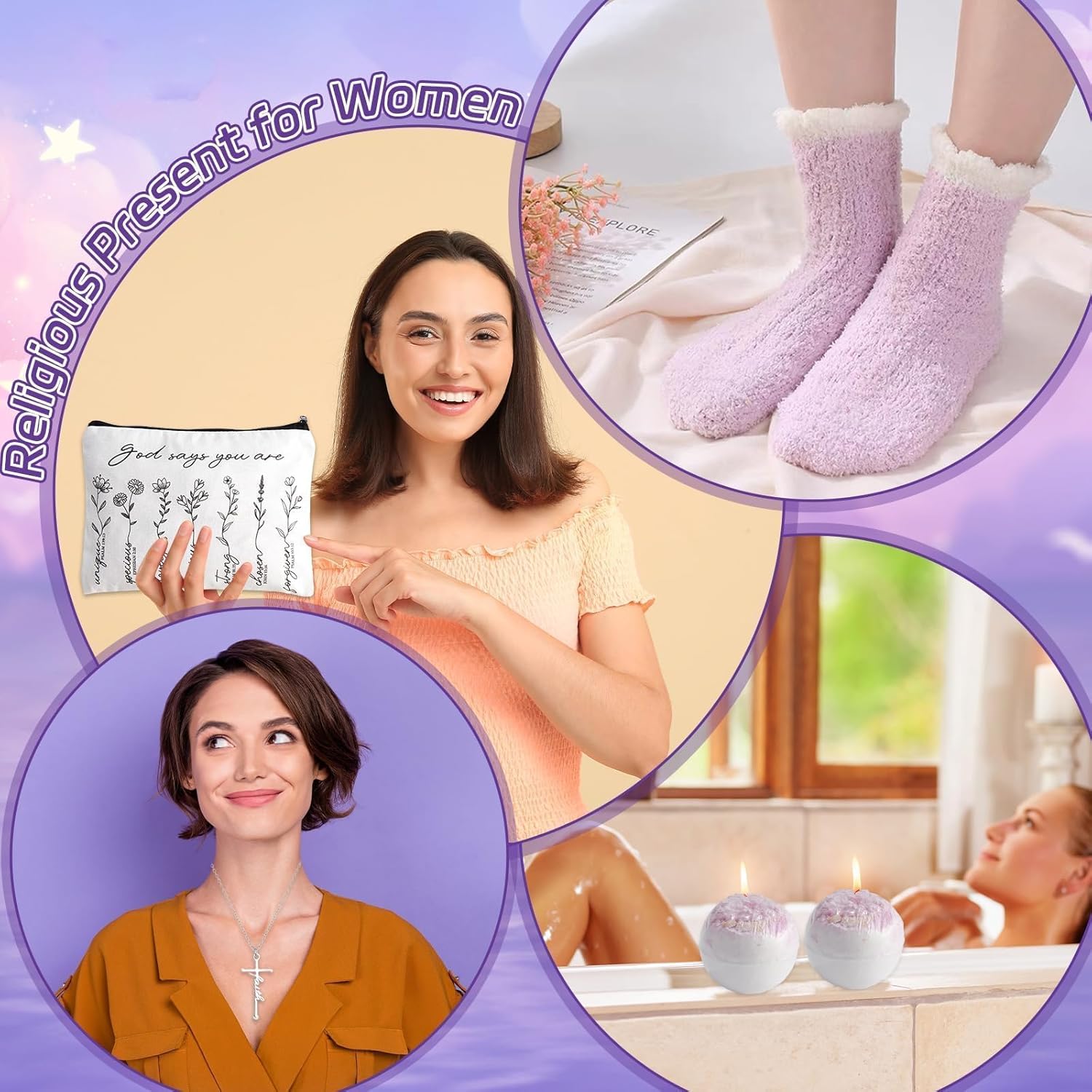 11Pcs Purple Christian Gifts for Women Faith Spiritual Inspirational Religious Catholic Gift for Women Mom Wife Friend Sister Birthday Holiday Christmas Gifts Includes Tumbler Tote Bag Socks Scarf Set