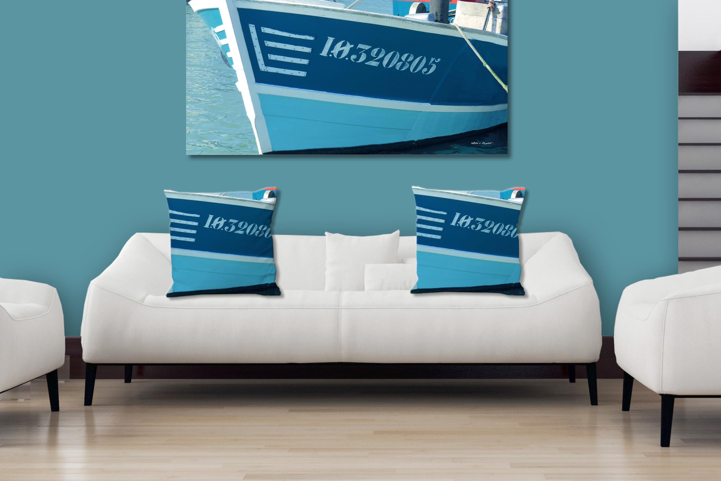 Schiff AHOI 8 - Foto-Kissen-Hülle Set (2 STK.) 40 x 40 cm | Kissen-Bezüge - passend zu Wandbild - Deko-Kissen - Holz-Boot Hafen Schiff Atlantik maritim