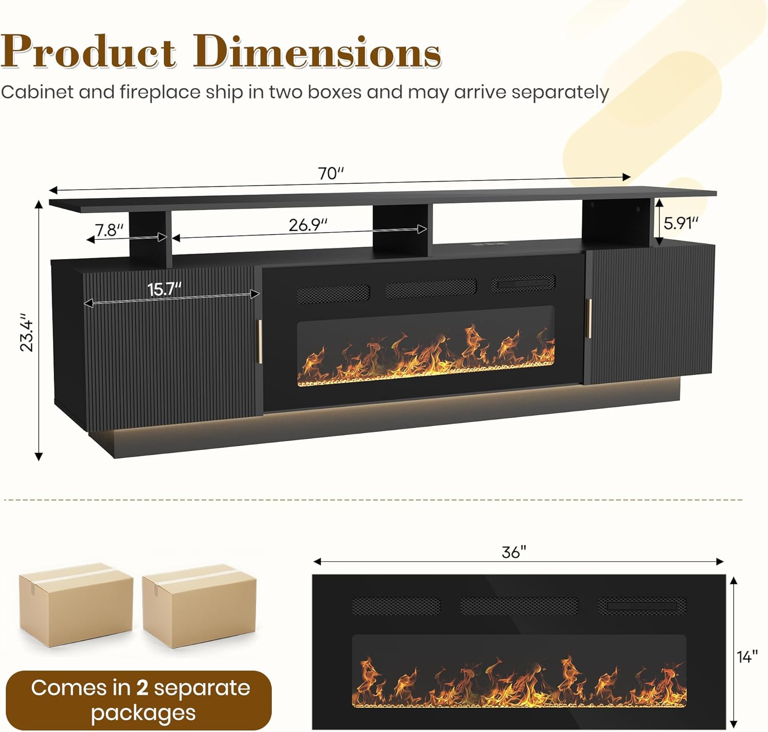 70” Fluted TV Stand with 36” Electric Fireplace, 2 Tier TV Console Cabinet with Storage Cabinet, LED Lights, Power Outlet, Modern Wood Entertainment Stand Fits TVs up to 80" for Living Room (Black)