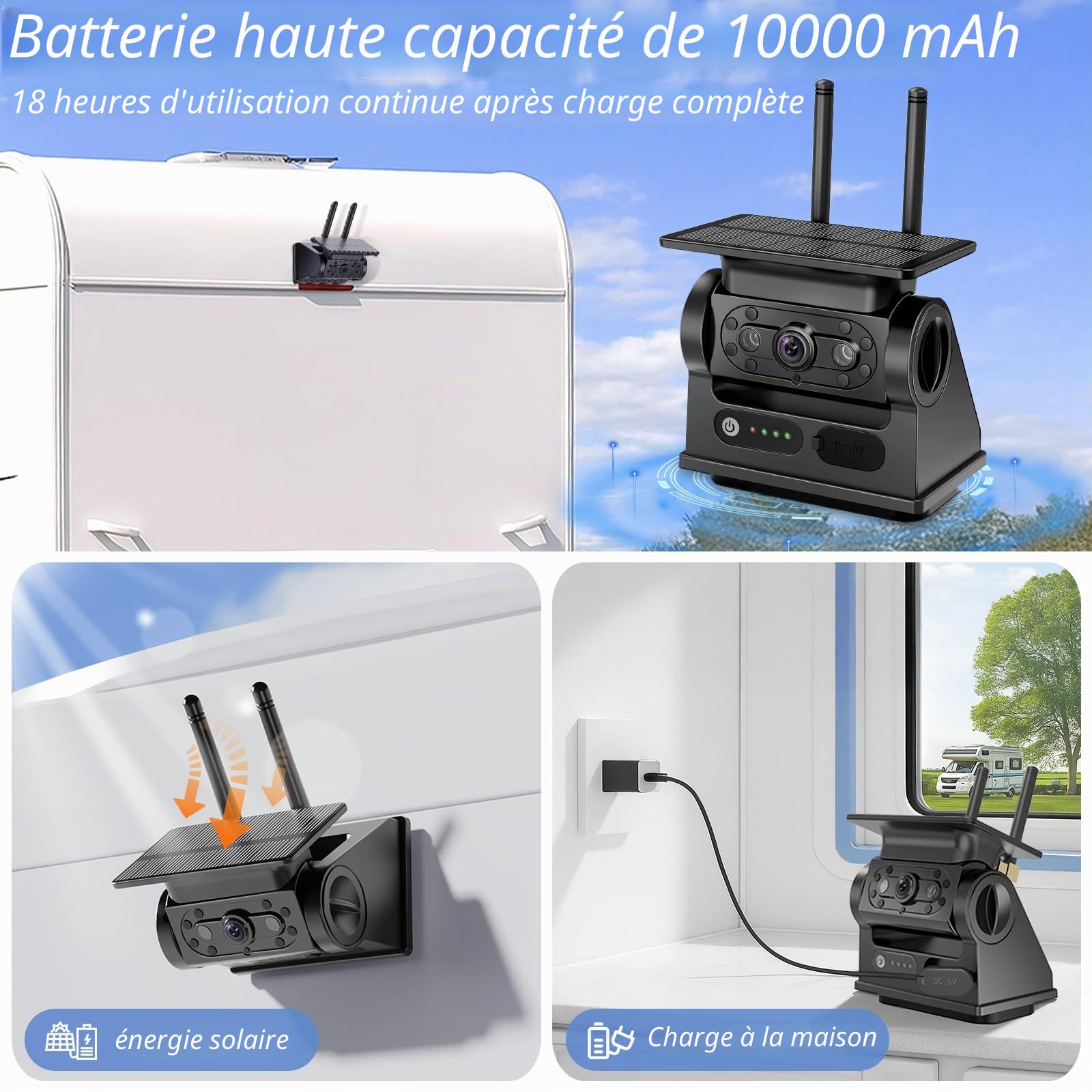 Solaire Caméra de Recul sans Fil avec 7" Moniteur 1080P, Magnétique à Batterie Rechargeable 10000 mAh, Prend en 4 Caméras, pour Camions, Camping Car, Caravane(VS-7B)