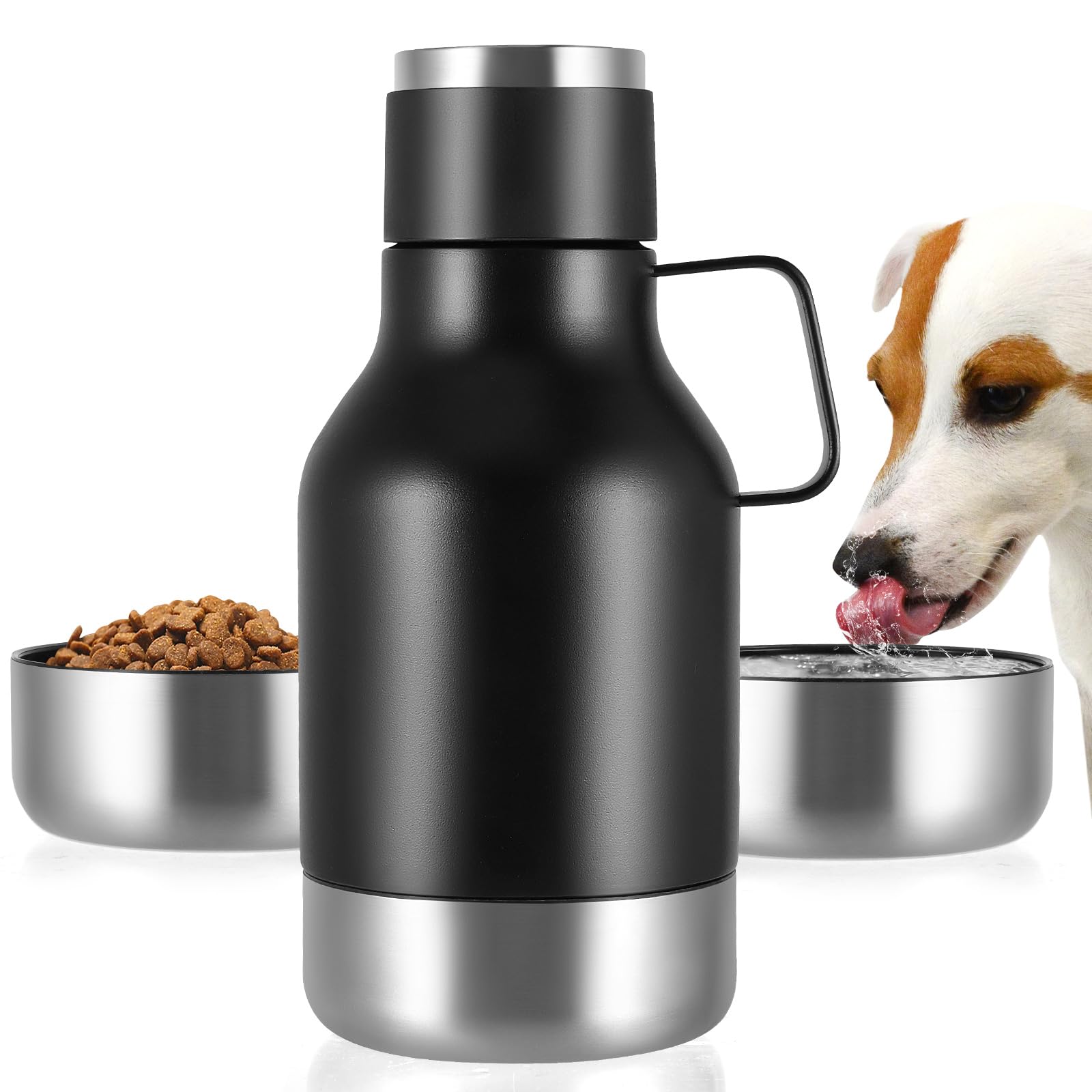 Portable Dog Travel Water Bottle, 40oz Premium Stainless Steel Pet Drinking Bottle with Food Bowl, For Outdoor, Travel, Walking, Hiking, Sturdy, Leak Proof (black)