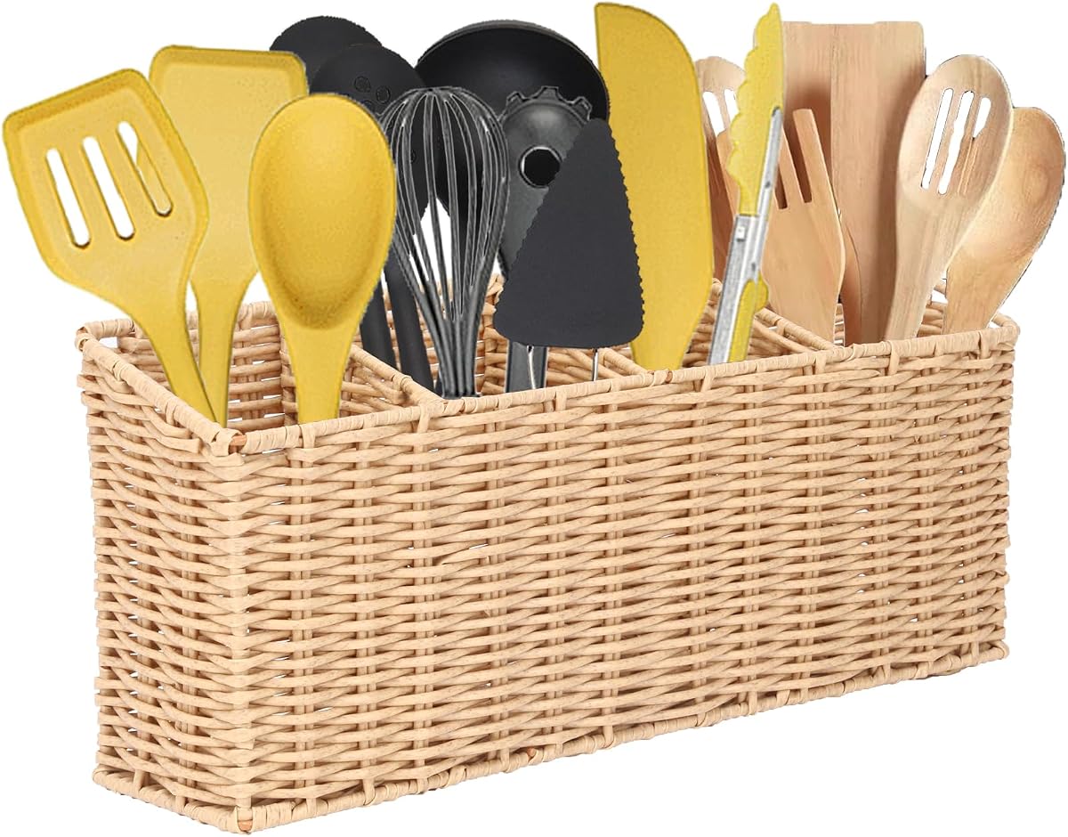 Utensil Holder Extra Large Capacity Utensil Organizer for Kitchen Drawer Organization Spoon Fork Knife Holder with 4 Compartments Silverware Caddy for Home Kitchen Restaurant