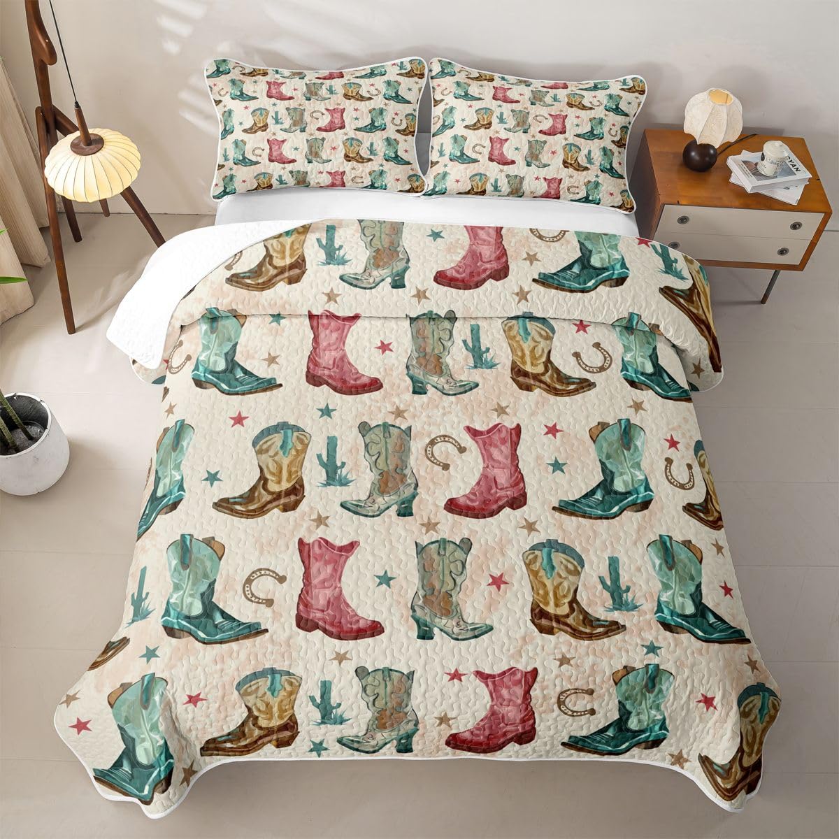 Homewish Beige Cowboys Boots King Size Quilt Set 3 pezzi