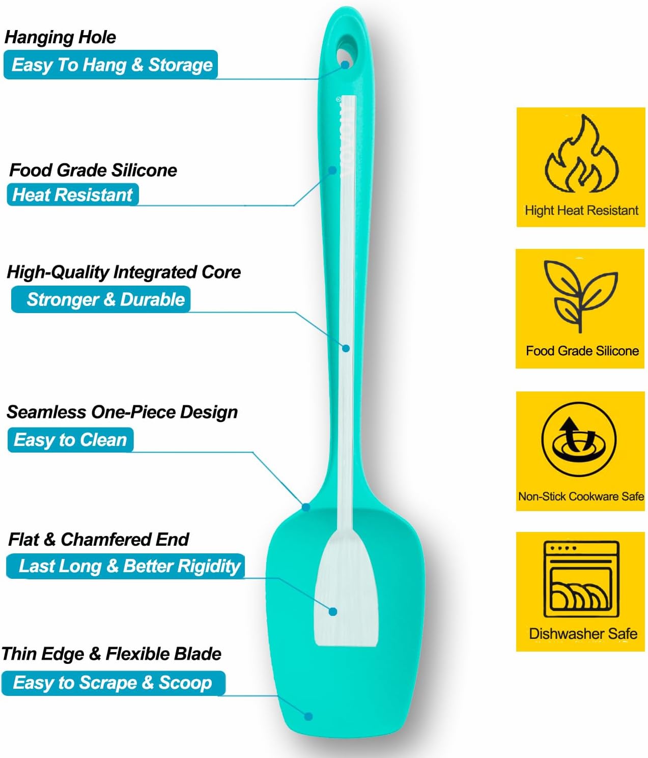 Silicone Spatula Set, High Heat Resistan Rubber Spoon Spatula, Non-Stick Spoonula with Seamless One Piece Design, Flexible Scrapers Baking Mixing Tool, 3 Pack, teal