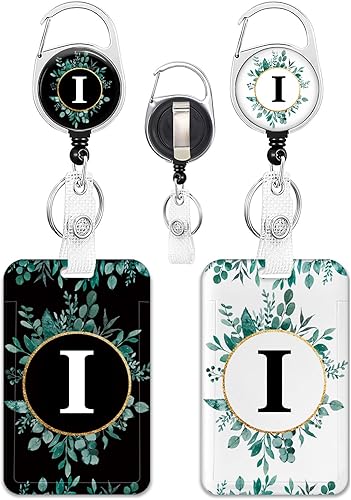 Paquete de 2 portatarjetas con carrete retráctil, monograma con nombre y letra I, protector vertical resistente para tarjetas de identificación