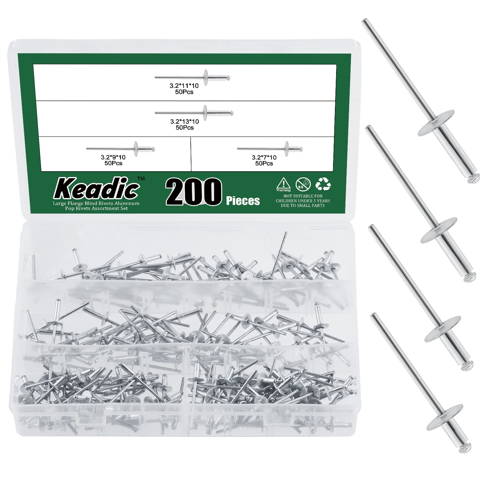 Keadic 200Pcs 4 Sizes 1/8" Aluminum Large Flange Blind Rivets Assortment Kit Includes 1/8" x 9/32", 3/8", 7/16", 1/2" Open End Domed Head Pop Rivets for Joining Metal Plate Pipe