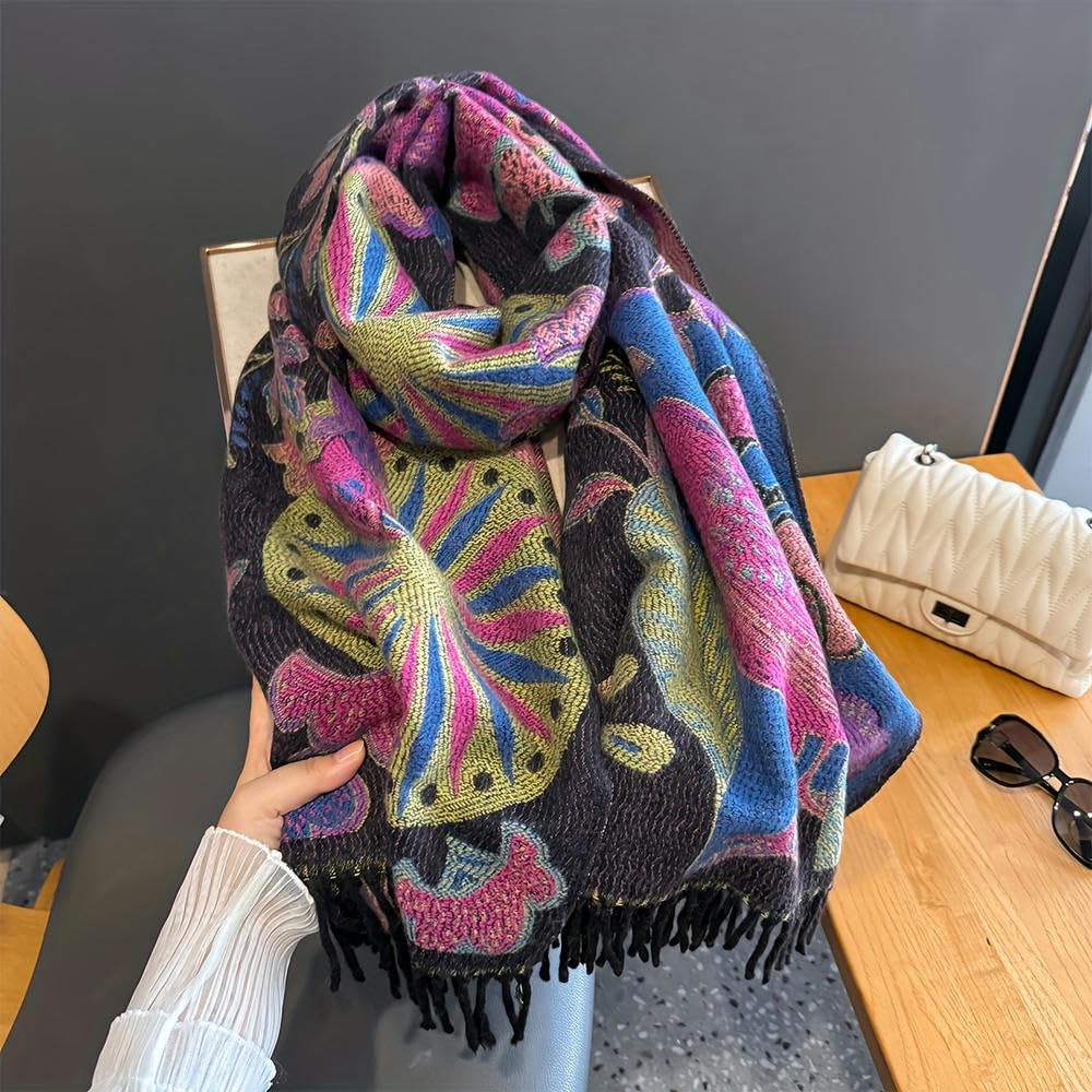 SYJYM Boho-Chic Oiseau Feuille Jacquard Écharpe Vintage Gland Châle Confortable Chaud Coupe-Vent Cape Femmes Parfait Hiver Folk Style Vintage