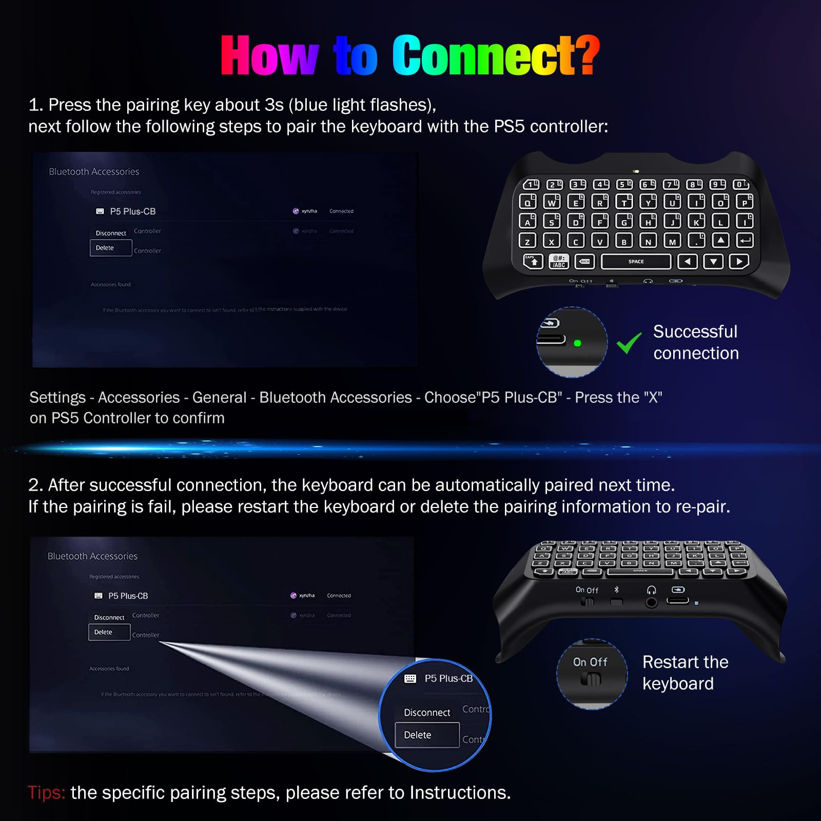MoKo Tastiera Retroilluminata RGB Compatibile con Controller PS5, Mini Tastiera Chatpad Wireless Bluetooth, Accessori Controller Playstation 5 con Altoparlante Integrato e Jack Audio da 3,5 mm