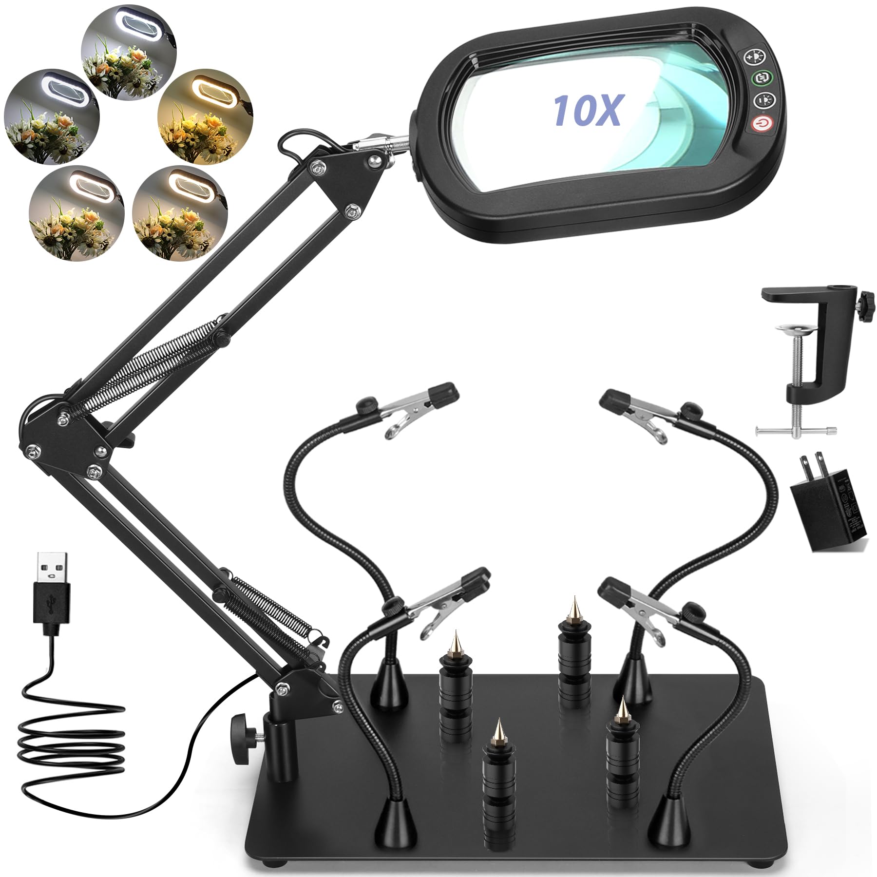 Drdefi Helping Hands Soldering Station, 10X Square Magnifying Glass with Light and Stand, 4 Magnetic Third Hands & 4 PCB Circuit Board Holders, Hands Free Magnifier Desk Lamp for Repair Soldering