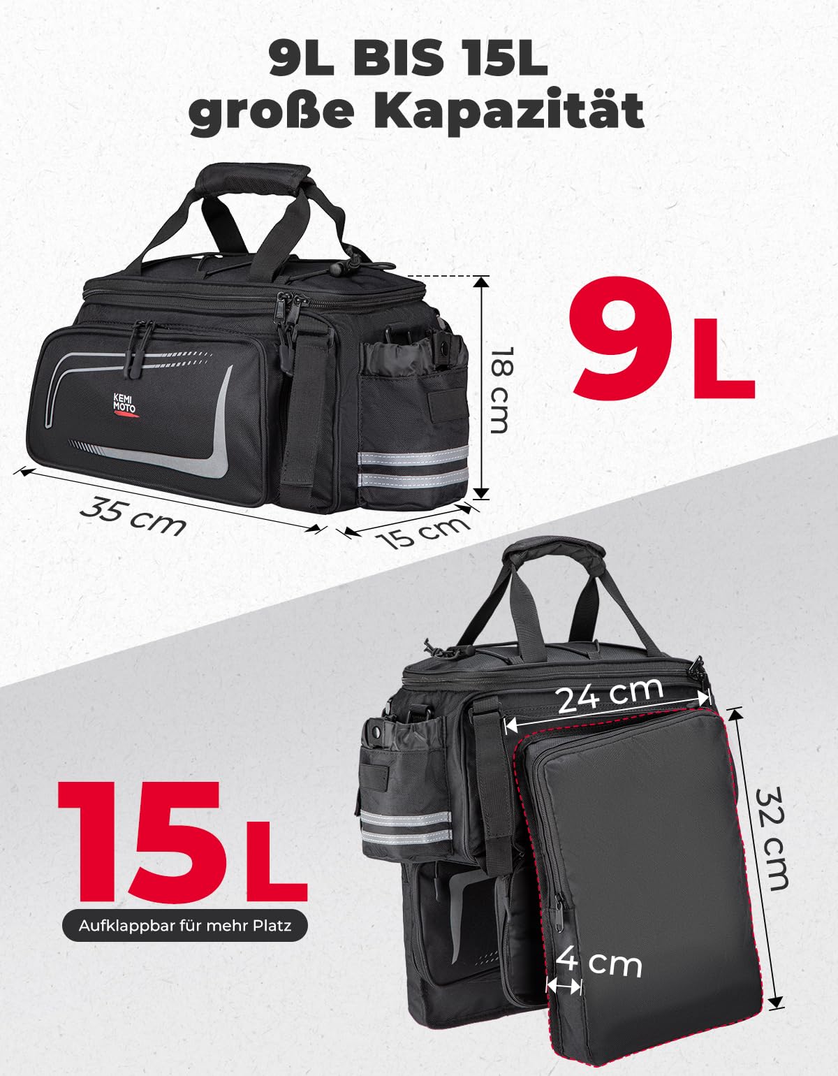 KEMIMOTO 2 IN 1 Gepäckträgertasche, 15L Volumen, Wasserabweisende Fahrradtasche für Gepäckträger mit Regenschutz, Mehrere Fächer und erweiterbar, mit Schultergurt, Fahrrad Taschen hinten