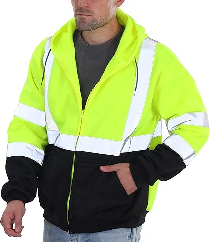Miniatura 60 de sesafety Sudadera de seguridad de alta visibilidad para hombre, sudadera con capucha reflectante con cremallera clase 3, sudadera con capucha