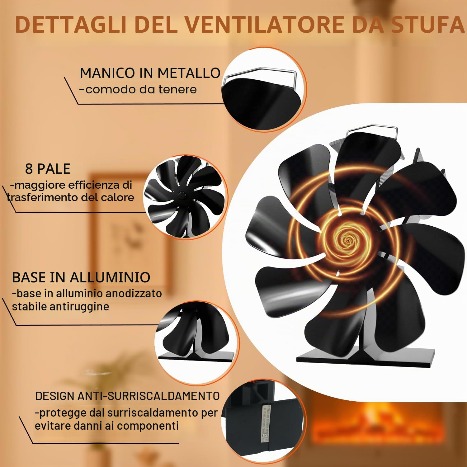 Ventilatore per stufa a legna 8 pale Silenziatore Ventilatore per camino Ventilatori riscaldanti con termometro per stufe a legna/caminetti