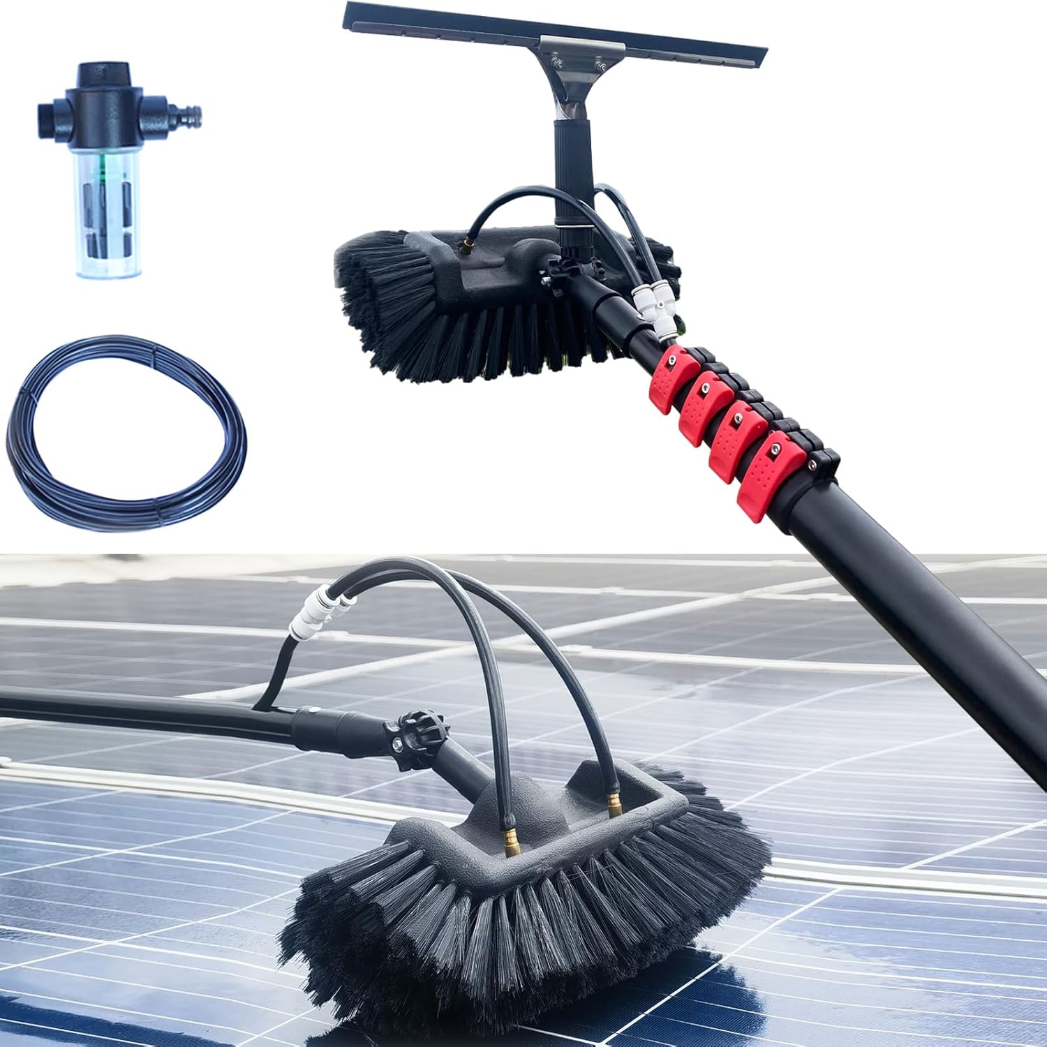 9M Telescopic Window Cleaner - Water Fed Hydrocleaner for Conservatory Roof Gutter & Caravan Cleaning - Squeegee Soap Dispenser & Brush for Easy Reach