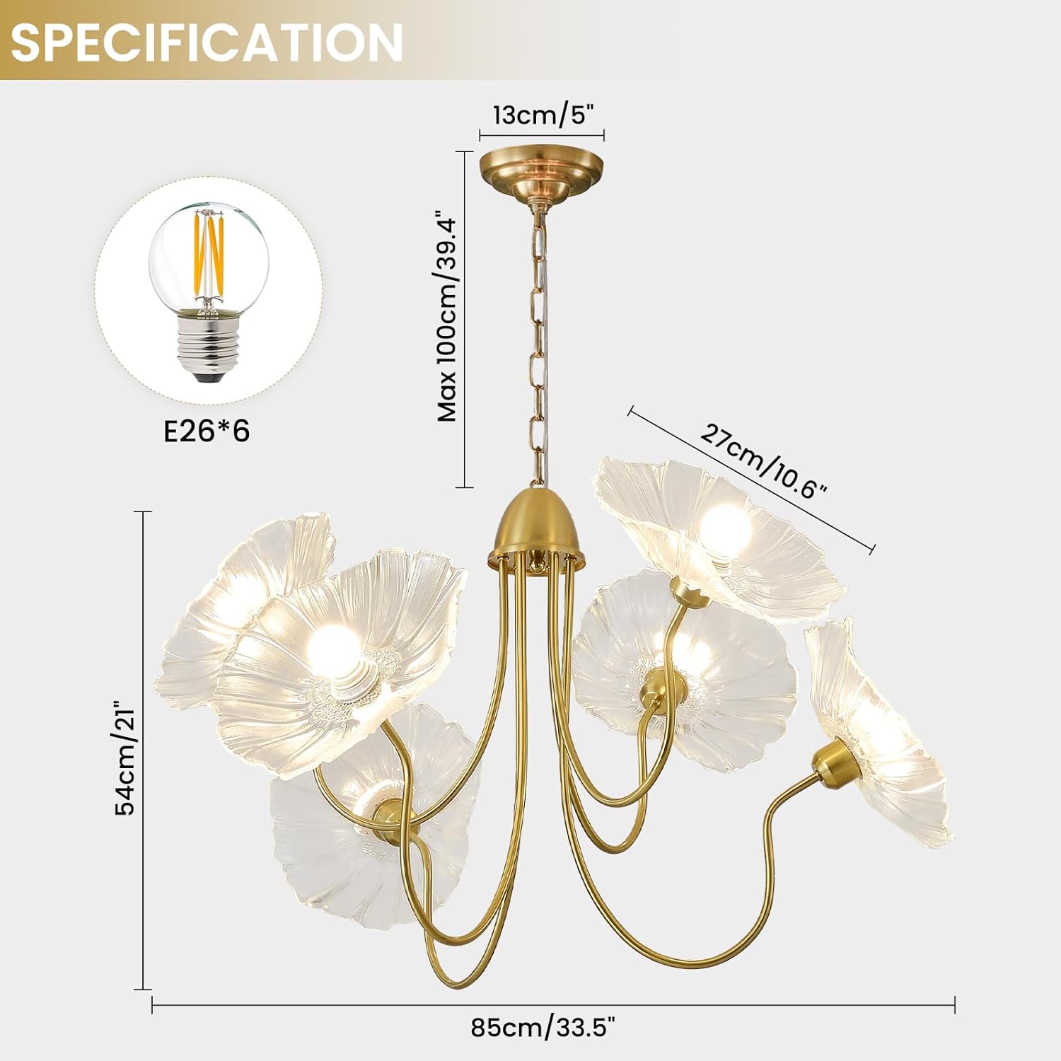 33.4" Modern Floral Glass Chandelier, 6-Light Extra Large Ceiling Light Fixture with Clear Flower Shades, Brass Gold Accents for Living Room, Bedroom, Dining Room