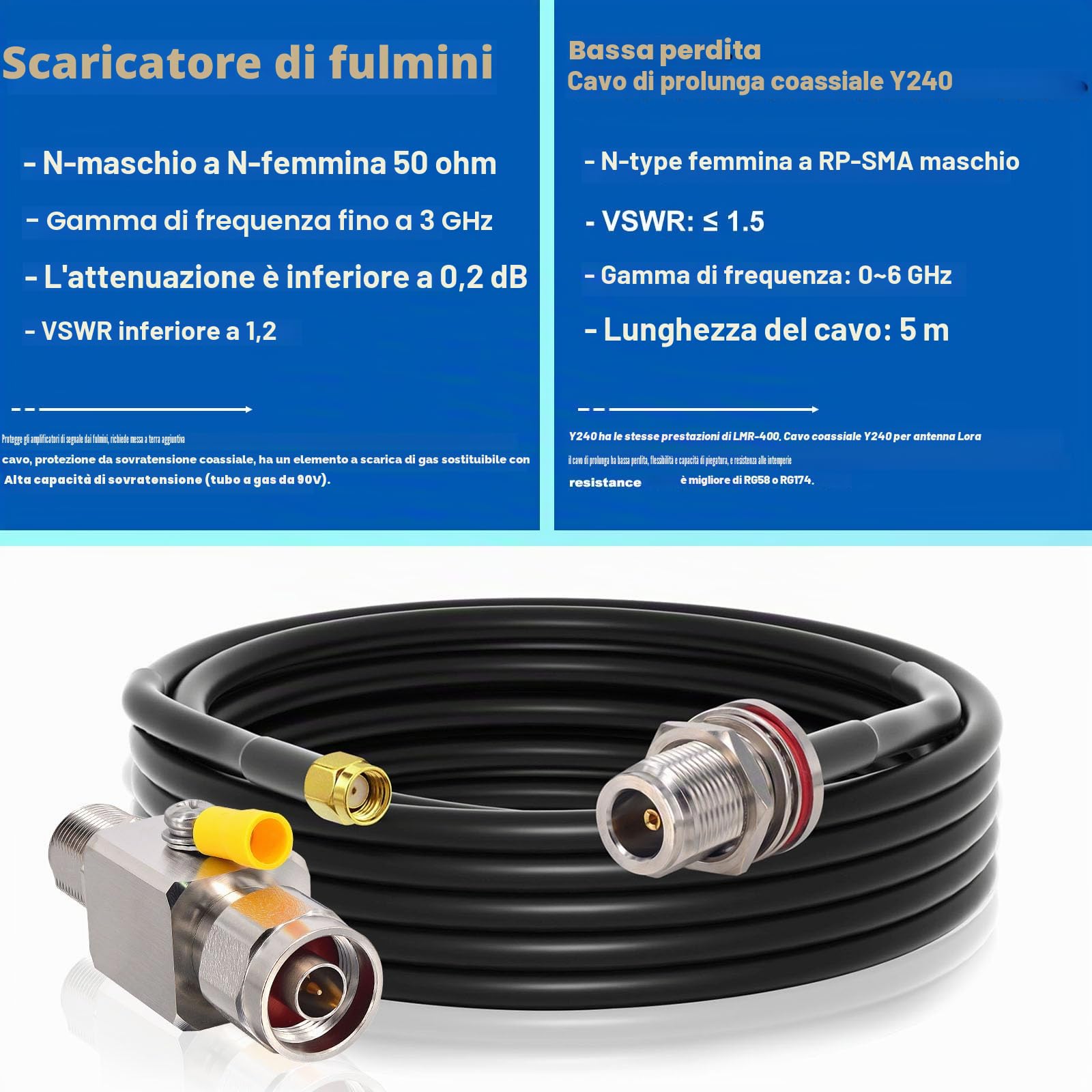 Antenna LoRa 868MHz 2dBi N Maschio con Cavo 5m per Gateway | Cavo 5m N-RP-SMA, parafulmine N e adattatori SMA. Compatibile Bobcat, Nebra, RAK M1. IoT, sensori, copertura LoRaWAN esterna.
