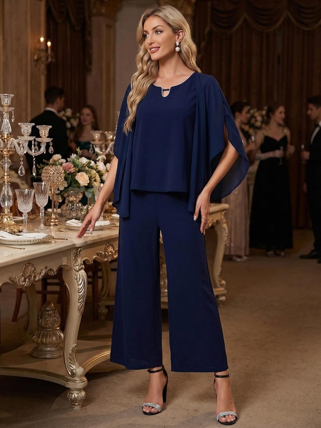 Women's Dressy Pantsuits Wedding 2 Pieces Sets Formal Chiffon Top Mother of Bride Pants Suits