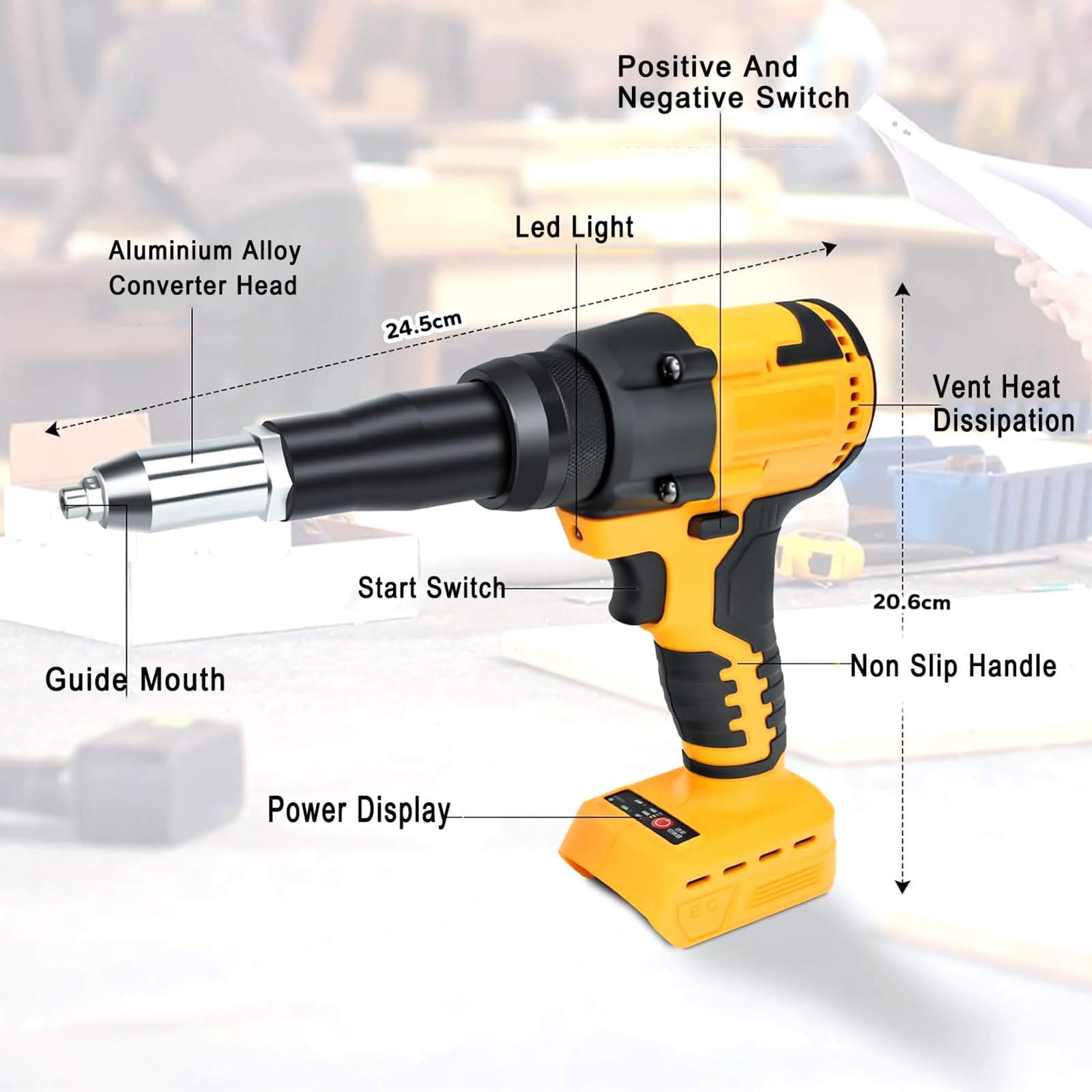 Bezszczotkowy Elektryczny Pistolet Do Nitowania, Zestaw Akumulatorowej Nitownicy 20 V Z Kluczem I Lampką LED, Automatyczna Nitownica Ręczna 10KN Do Nitów 3,2–4,8 Mm 0,13–0,19 Cala
