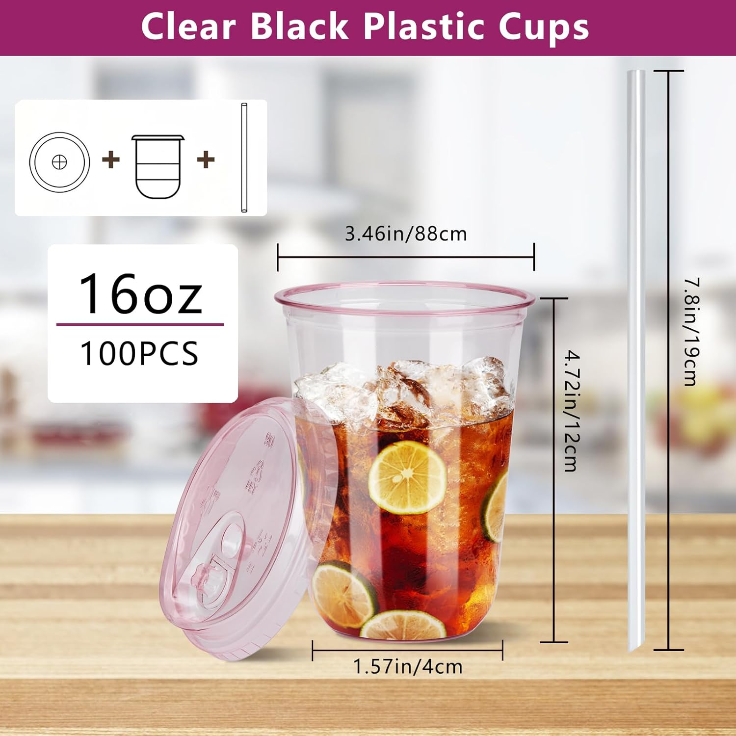 100 Sets 16oz Disposable Stemless Plastic Cups with Strawless Sip Lids, Clear PET Coffee Cups for Iced Coffee, Smoothies, Cold Drinks, Halloween, Christmas, Party and Drink Shop Supplies (Pink (16oz)) - Image 2