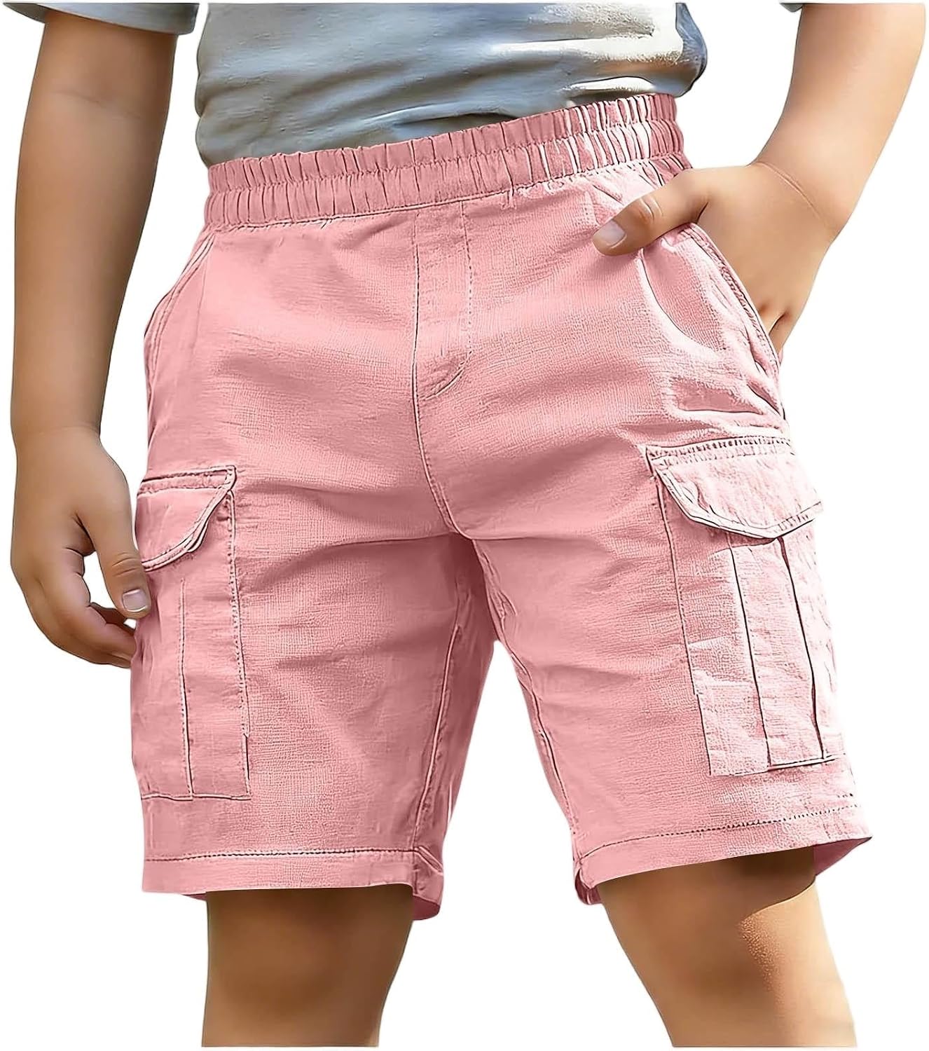 Boys Cotton Linen Cargo Shorts Summer Casual Elastic Waist Hiking Short Kids Athletic Sport Shorts with Multi Pockets