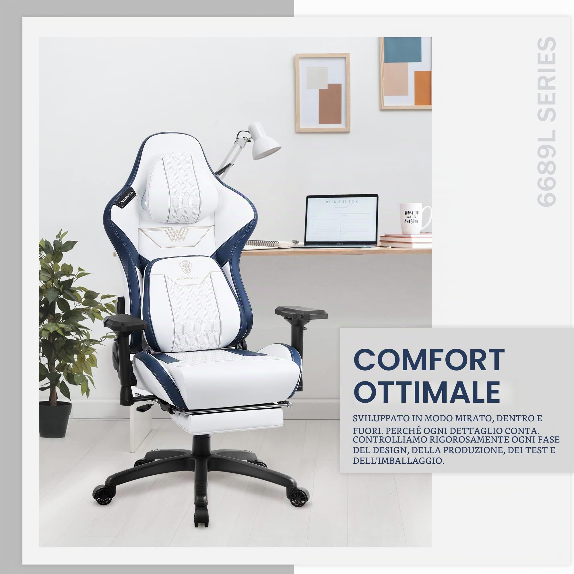 Dowinx Sedia Gaming con braccioli 4D, ergonomica, con poggiapiedi, in pelle PU, comodo supporto lordosi, grande e alta, 180 kg, bianco
