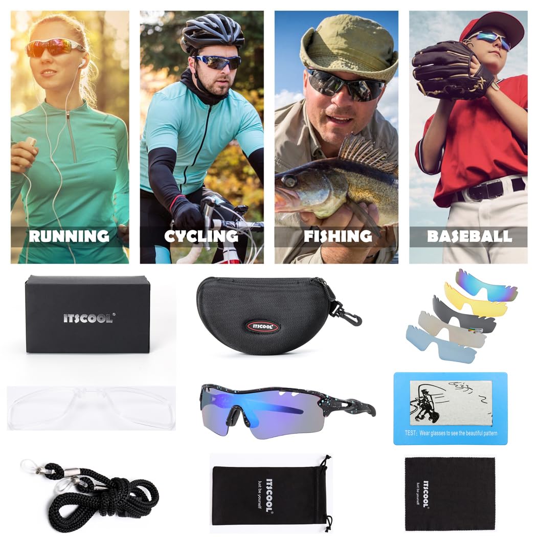 ITSCOOL Polarisierte Sport-Sonnenbrille mit 5 austauschbaren Gläsern für Männer und Frauen, Softball, Laufen, Radfahren, Baseballbrille