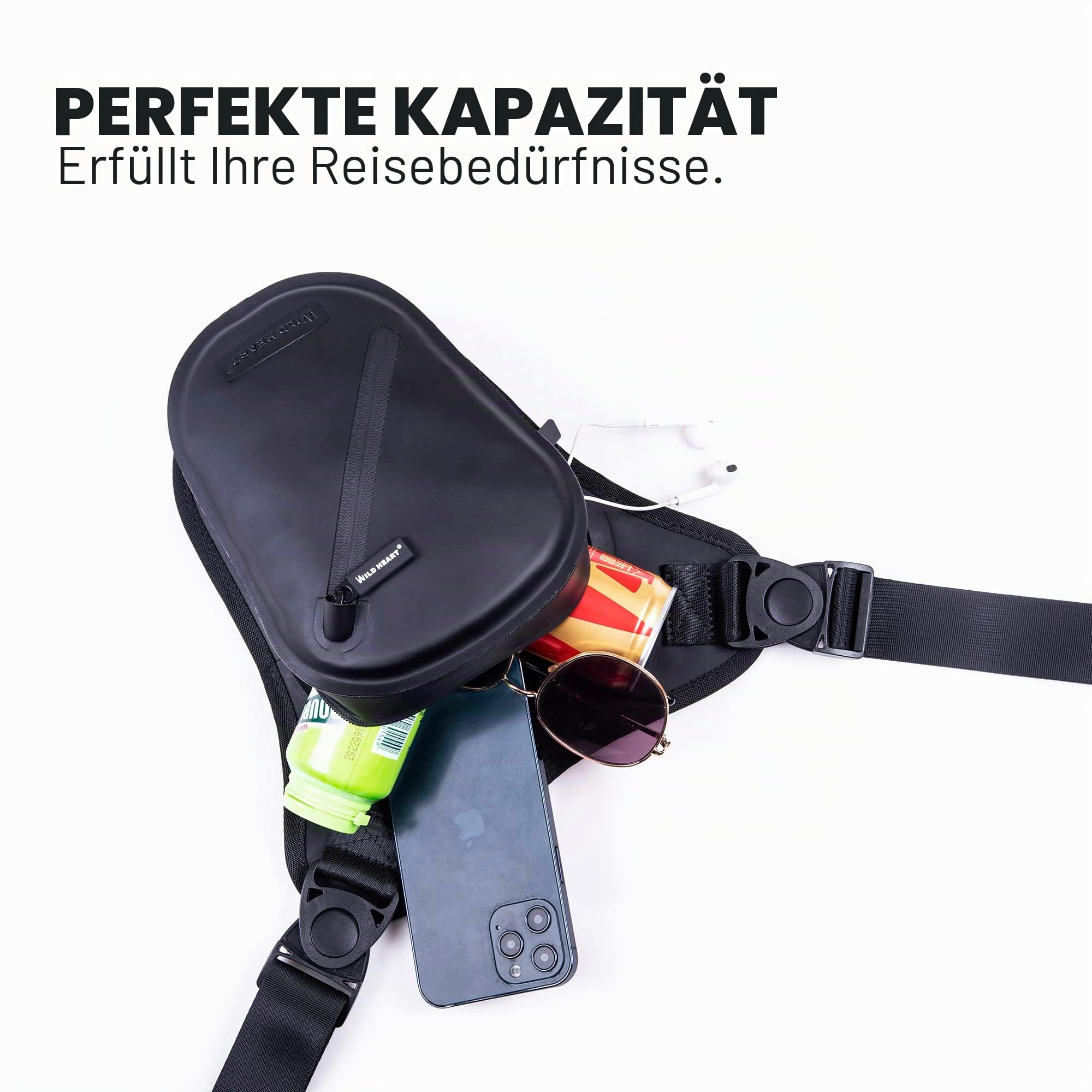 WILD HEART wasserdichte Motorrad-Oberschenkeltasche, Vielseitige Brust-/Taktik-/Bein-/Werkzeug-/Schulter-/Messenger-/Bauchtasche aus mit Seil für Outdoor-Aktivitäten (Schwarz)