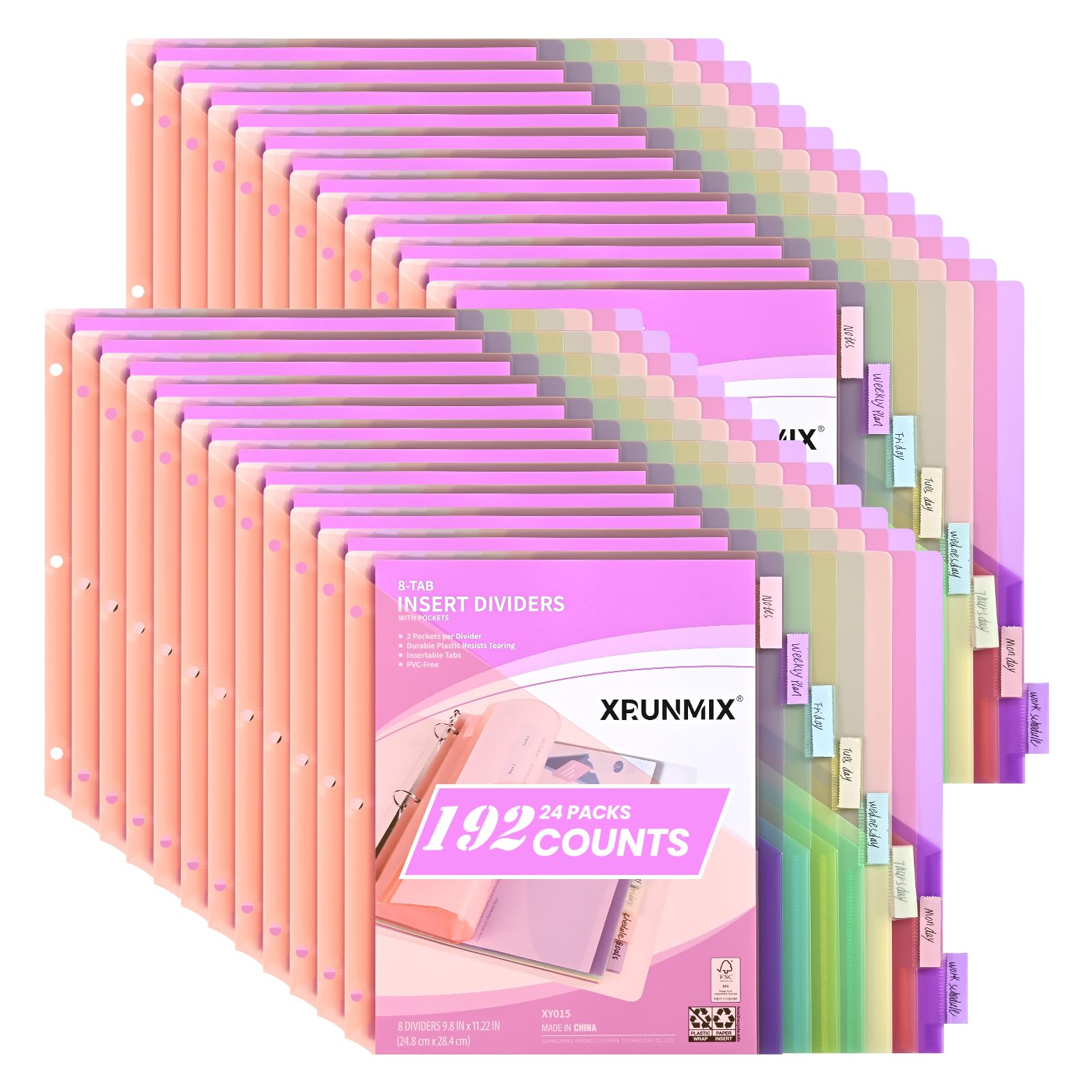 Bulk 24 Packs 8-Tab Binder Dividers with 2 Pockets, 192 Counts Binder Dividers Index for 3 Ring Binders, 8 Pastel Colors, US Letter Size (24)