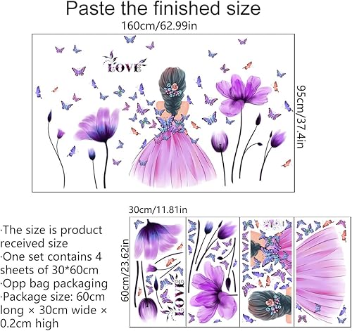 Miniatura 91 de Adhesivo decorativo para pared, diseño de luna morada, flores, mariposa, nubes, para decoración de dormitorio, sala de estar